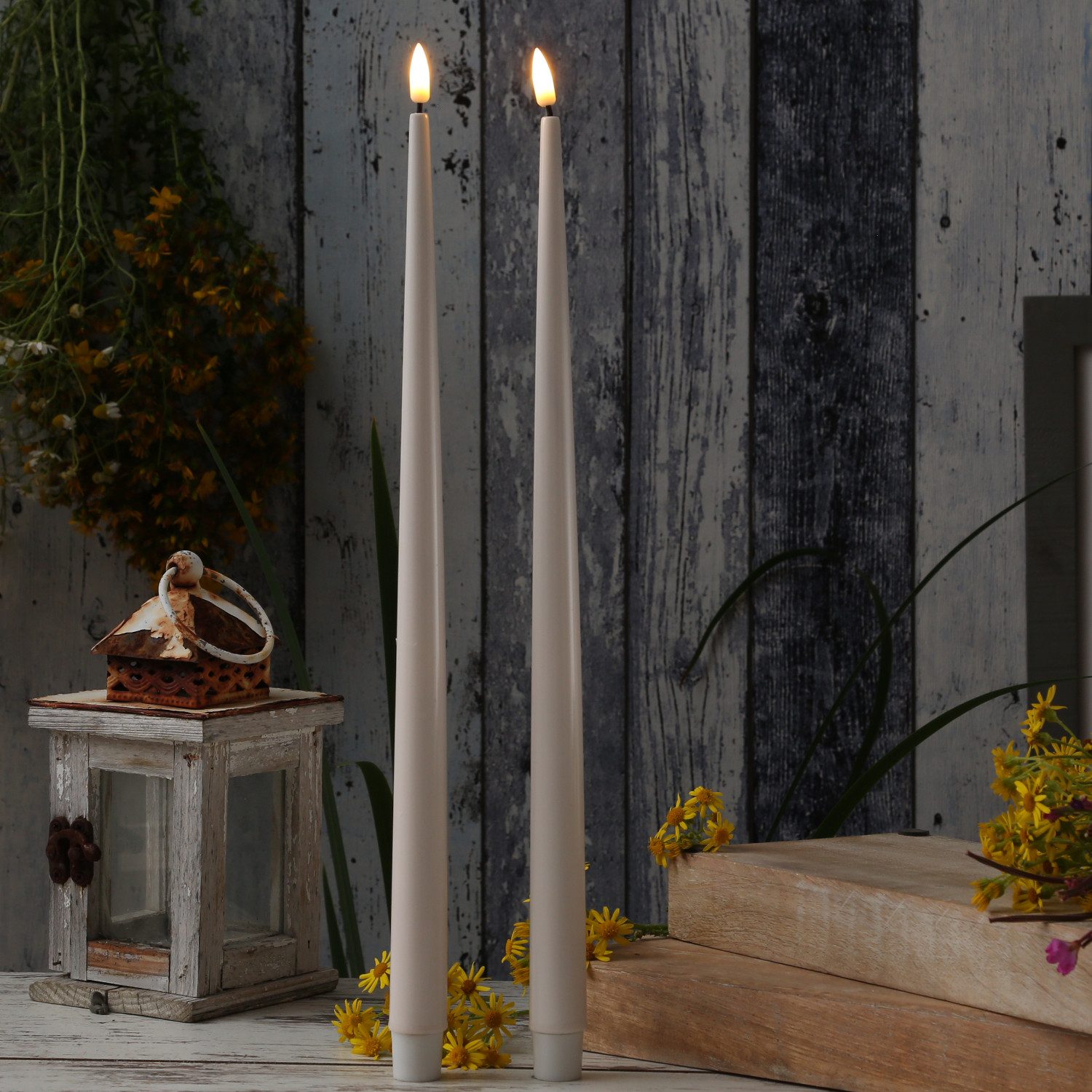 Deluxe Homeart LED-Kerze LED Stabkerzen ELLA Deluxe Lack Tafelkerze flackernd H: 38cm creme 2St, LED Classic, warmweiß (2100K bis 3000K)