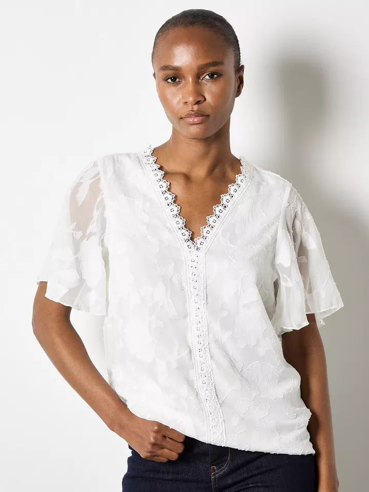 Apricot Blusentop Blumen-Bluse mit Häkelbordüre