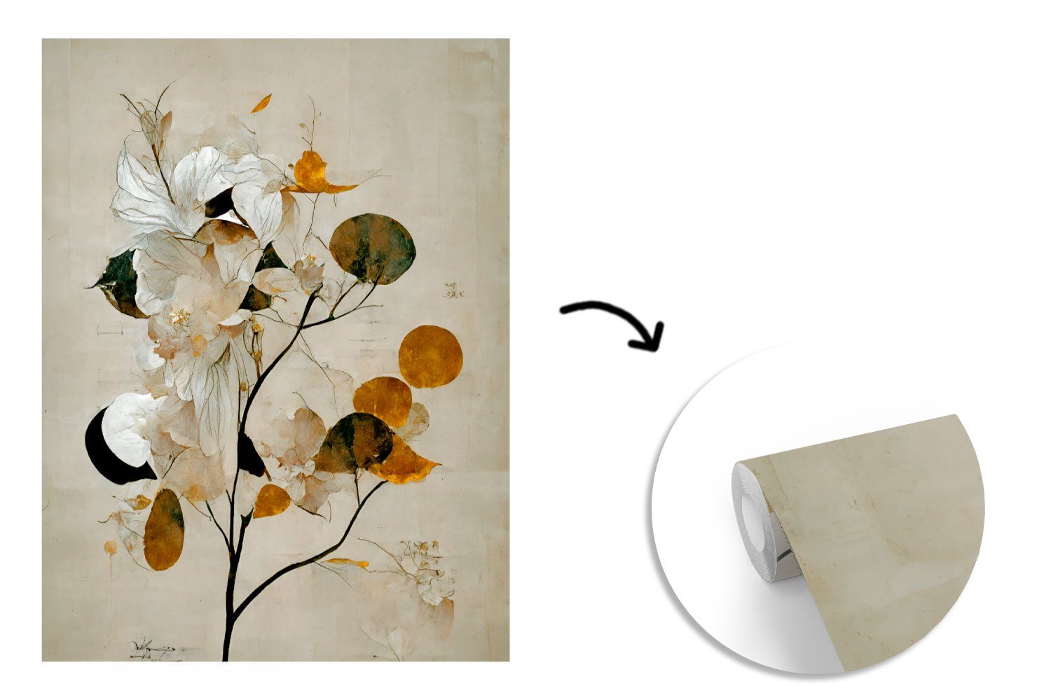 MuchoWow Fototapete Blumen - Blätter - Vinyl - Montagefertig St), Matt, Pastell, für Baum Tapete (4 bedruckt, Wohnzimmer, Wandtapete