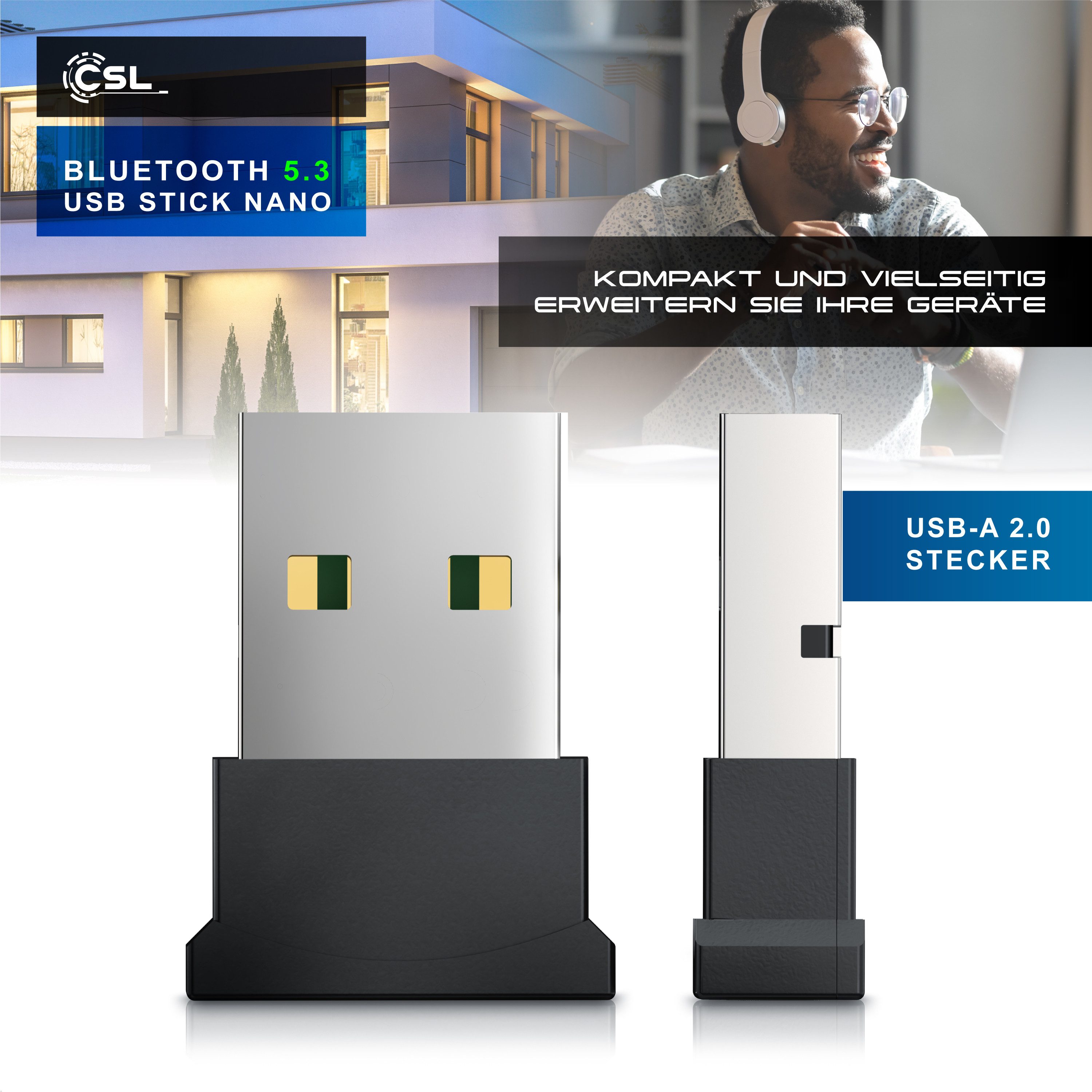 CSL BT USB Stick Nano, BT5.3 Adapter Dongle, Empfänger & Sender, bis 20 m Bluetooth-Adapter USB-A, 7 Geräte, für Kopfhörer, Lautsprecher, Maus, Tastatur, Windows 10 11