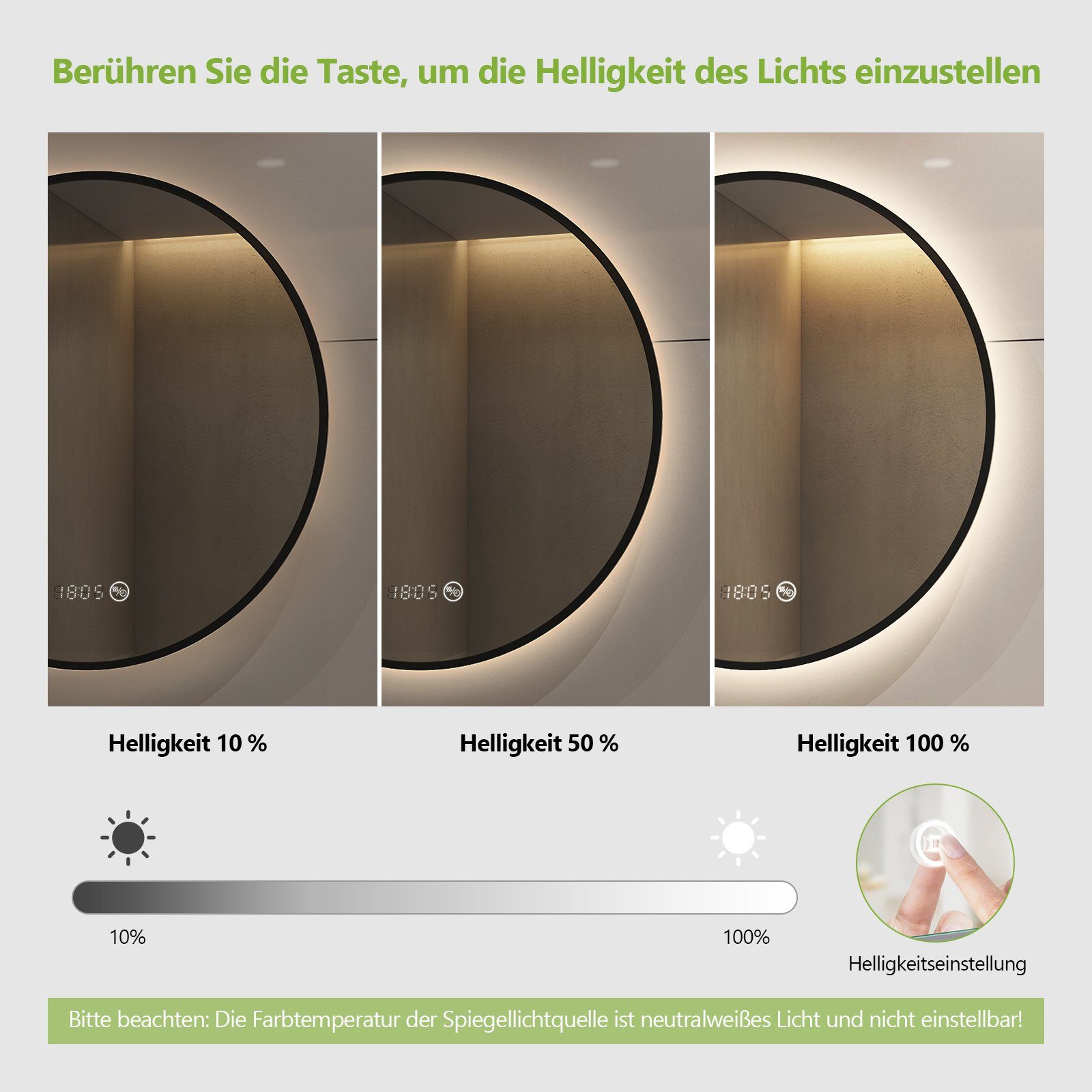 S'AFIELINA Badspiegel Runder LED Einstellbar Schwarz Wandspiegel, 4300K,Helligkeit TouchSchalter,Beschlagfrei,Neutralweiß Energiesparender Badezimmerspiegel