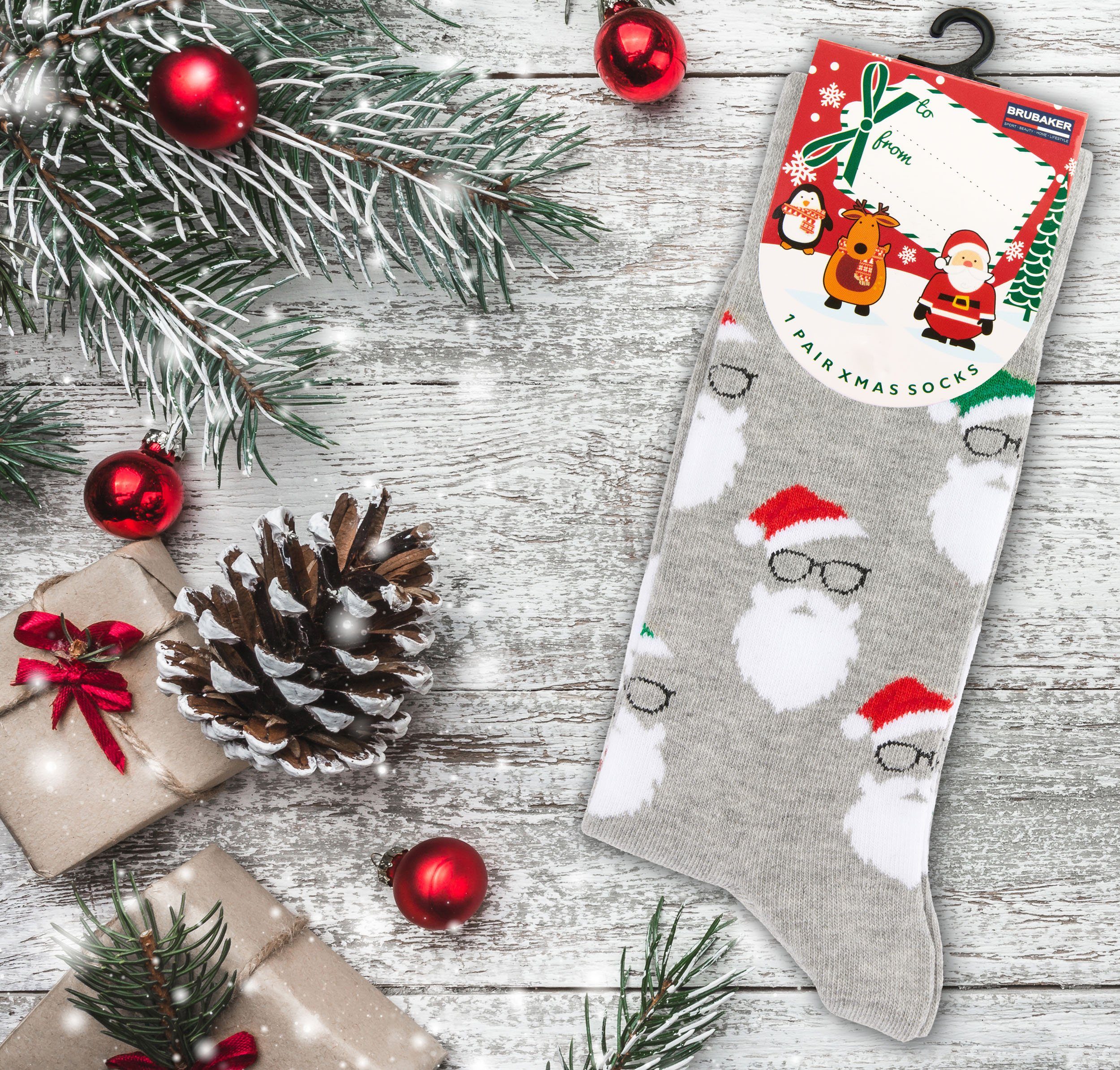 Grau) Weihnachtssocken (1-Paar, Unisex für BRUBAKER Socken Baumwollsocken Weihnachtsmannbärte Weihnachten Herren - und Damen
