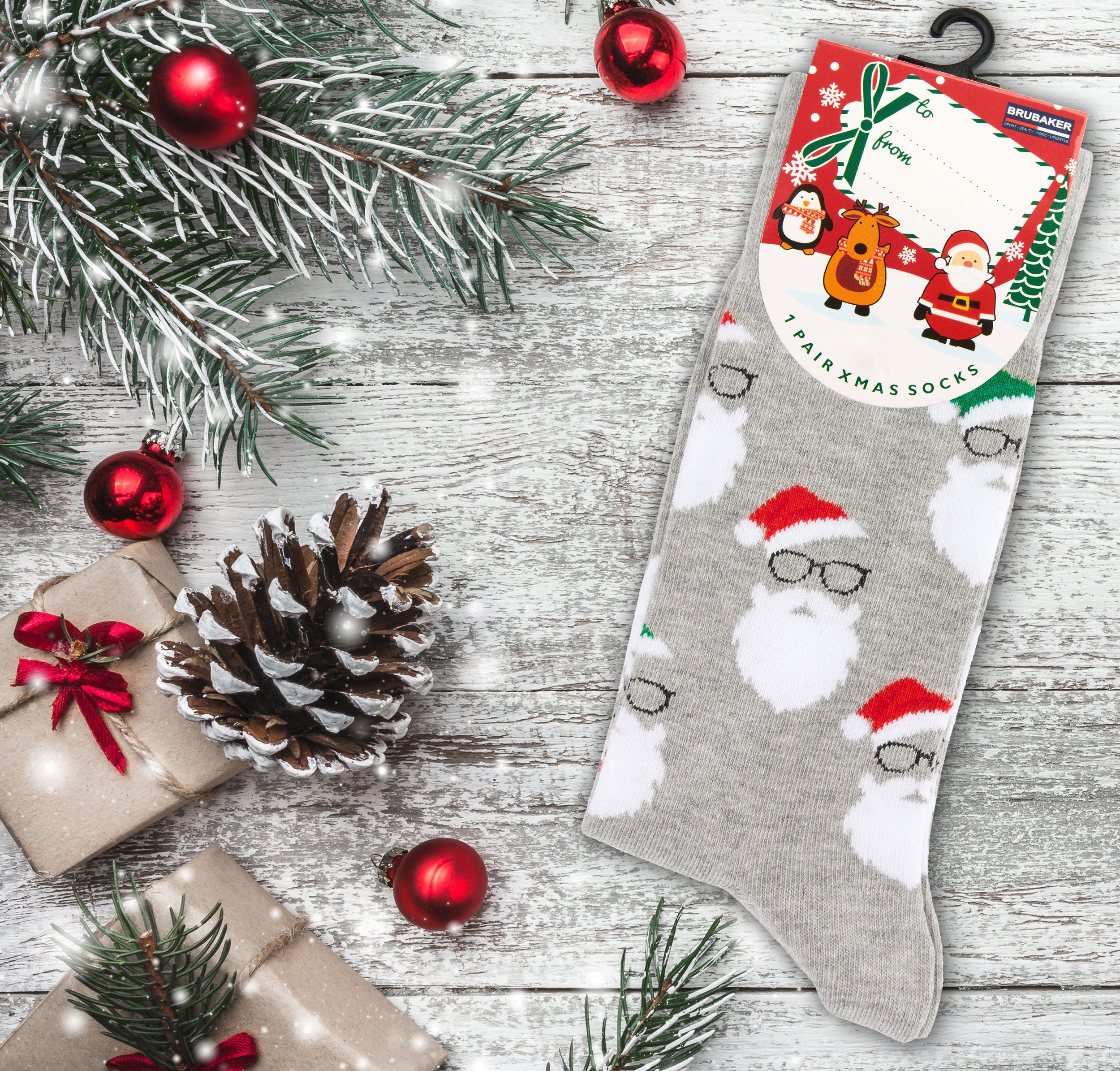 BRUBAKER Socken Weihnachtssocken für Damen und Herren - Weihnachtsmannbärte (1-Paar, Grau) Unisex Baumwollsocken Weihnachten