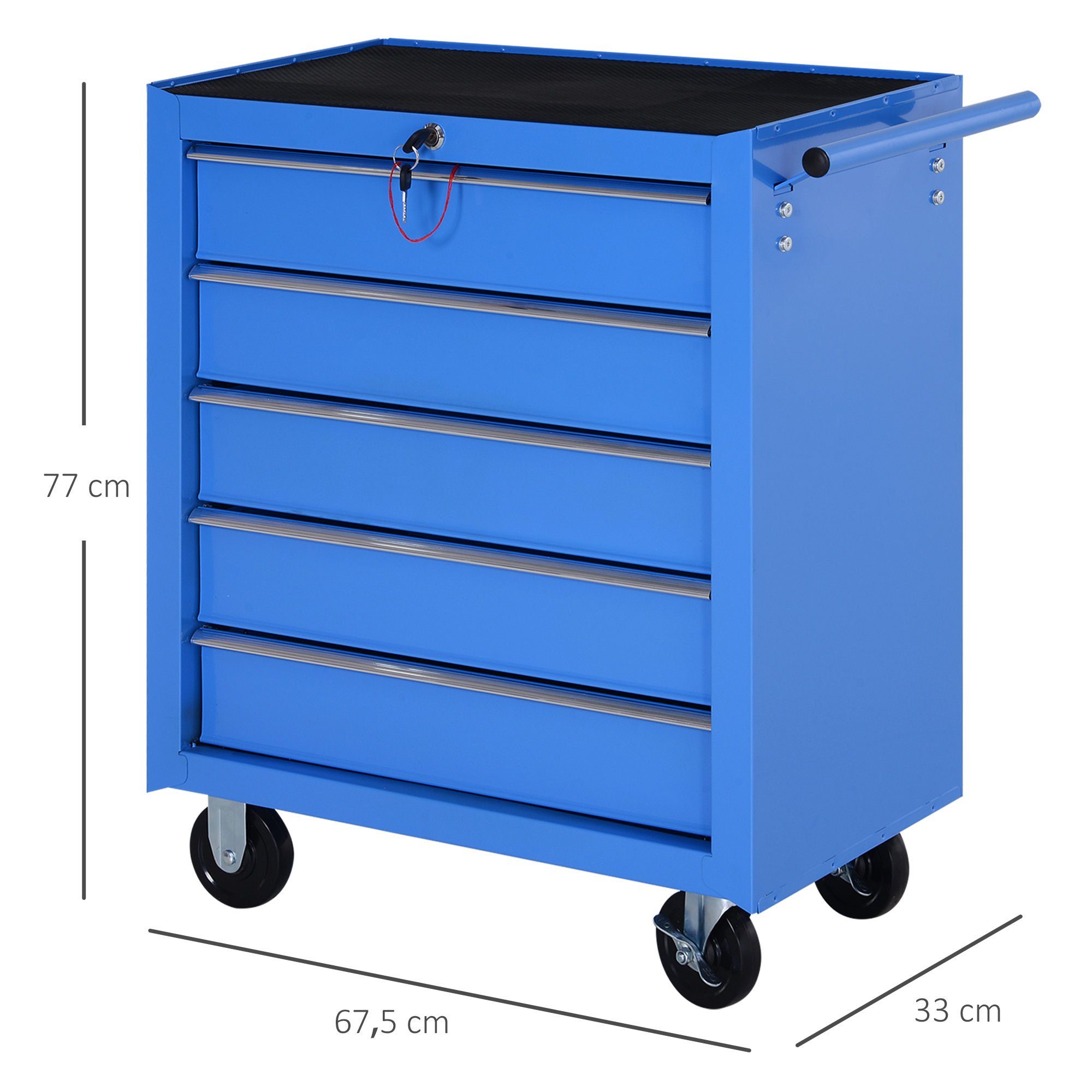 HOMCOM Werkstattwagen Rollwagen Werkzeugkasten mit 5 Schubladen, max. Traglast:100 kg, (Set, 1-tlg., Fahrbarer Werkzeugwagen), Blau 67,5 x 33 x 77 cm