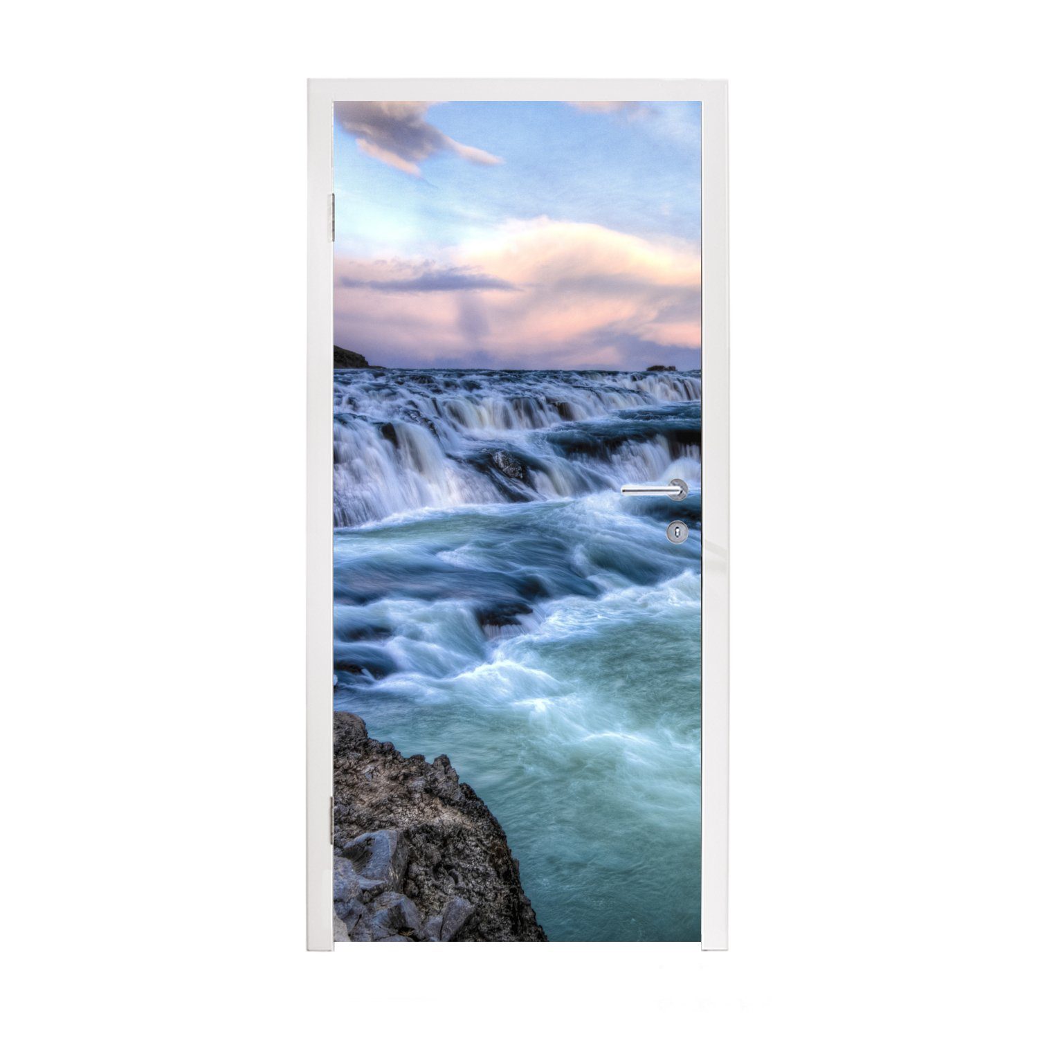 MuchoWow Türtapete Hellblaue Farbe für am Gullfoss-Wasserfall, Tür, 75x205 Fototapete Matt, bedruckt, Türaufkleber, des (1 Wassers cm St)