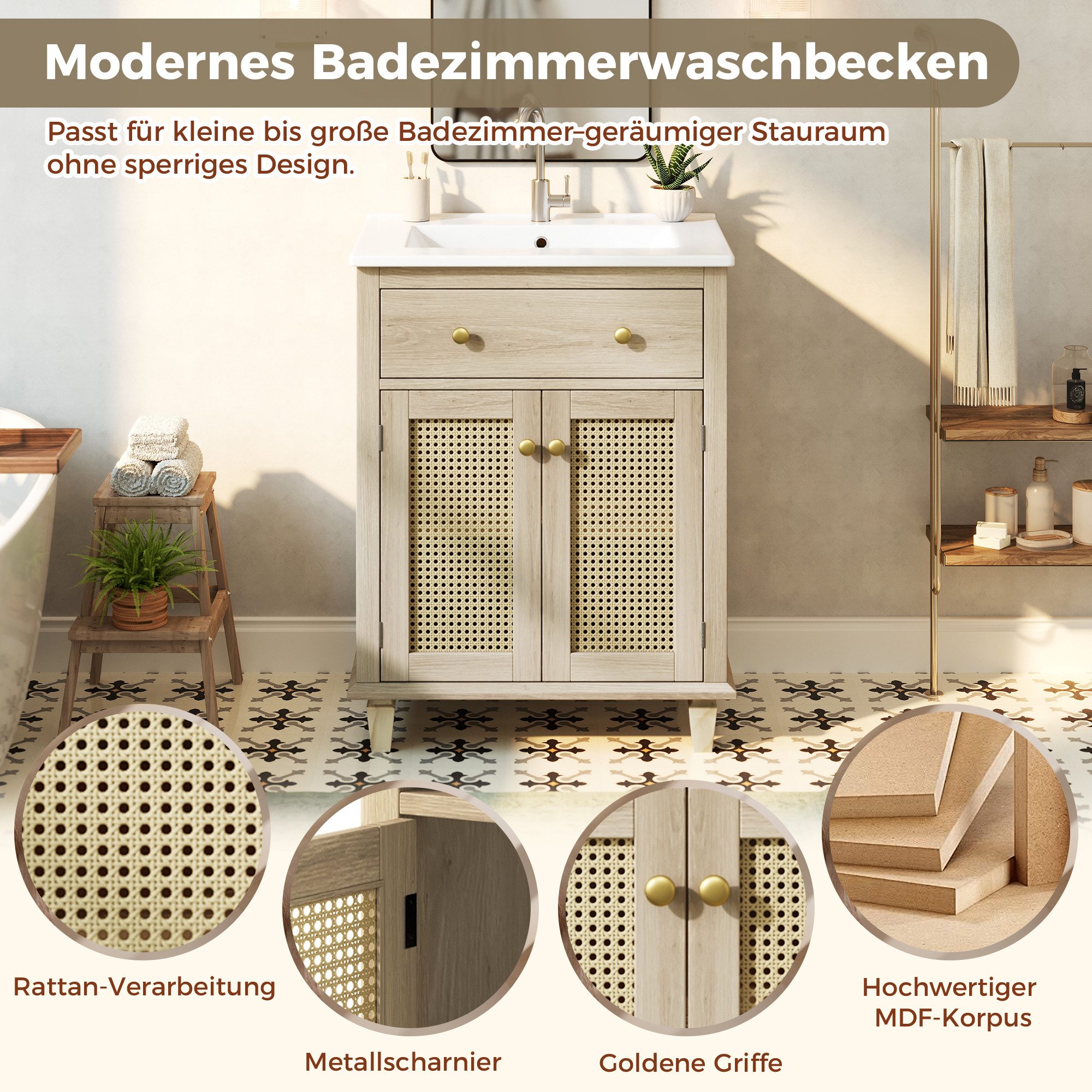 Merax Waschtisch Waschbeckenunterschrank mit Klappschublade inkl. Waschbecken (Badmöbel-Set im Landhausstil Holzoptik, 1-St), Badzimmerschrank mit 2 Rattan Türe – Bild 4 von 5