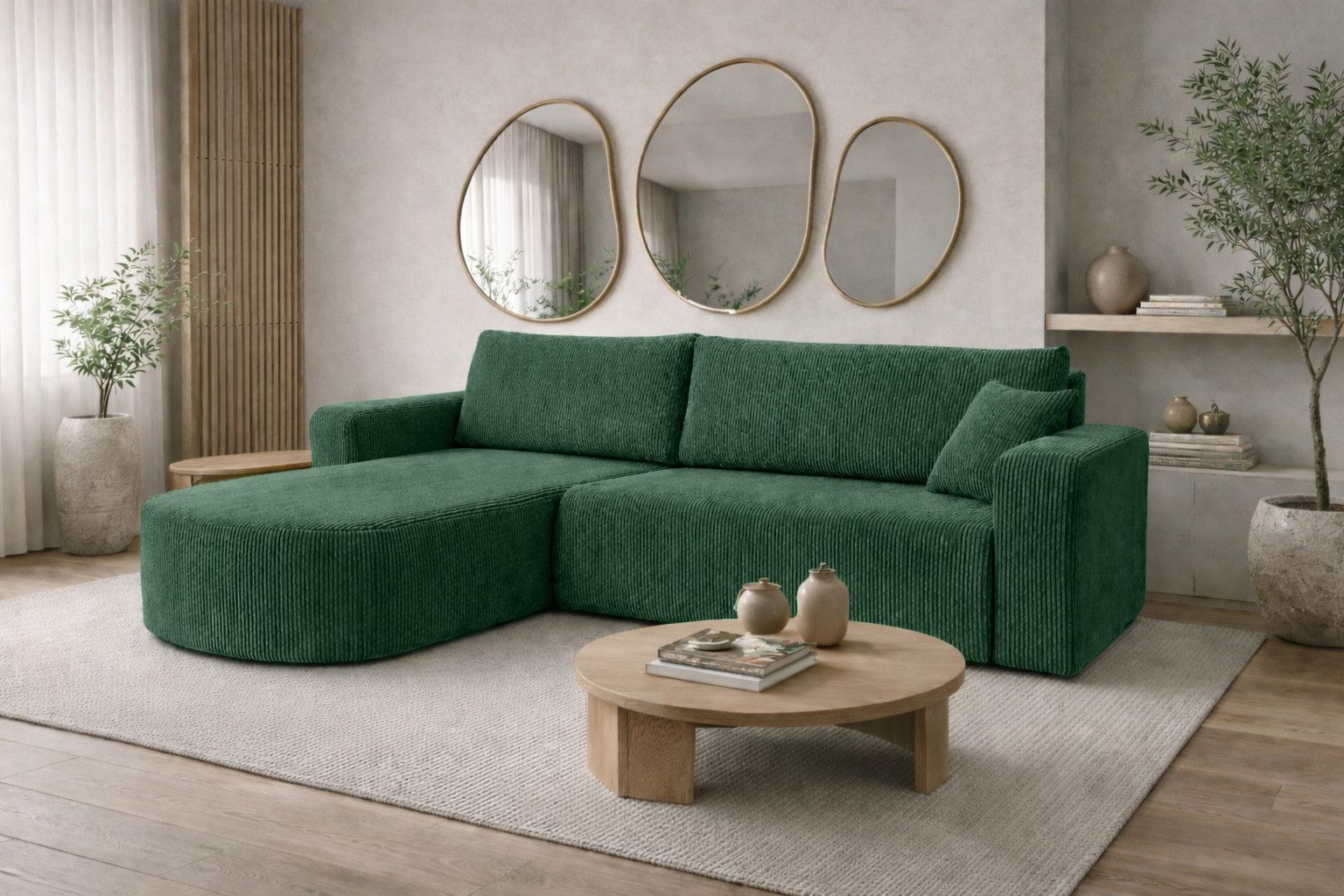 Kaiser Möbel Ecksofa mit Schlaffunktion für Wohnzimmer, Cordstoff Poso, ROUND ONE XL, XL-Format, abgerundete Form, Liegefunktion, Stauraum