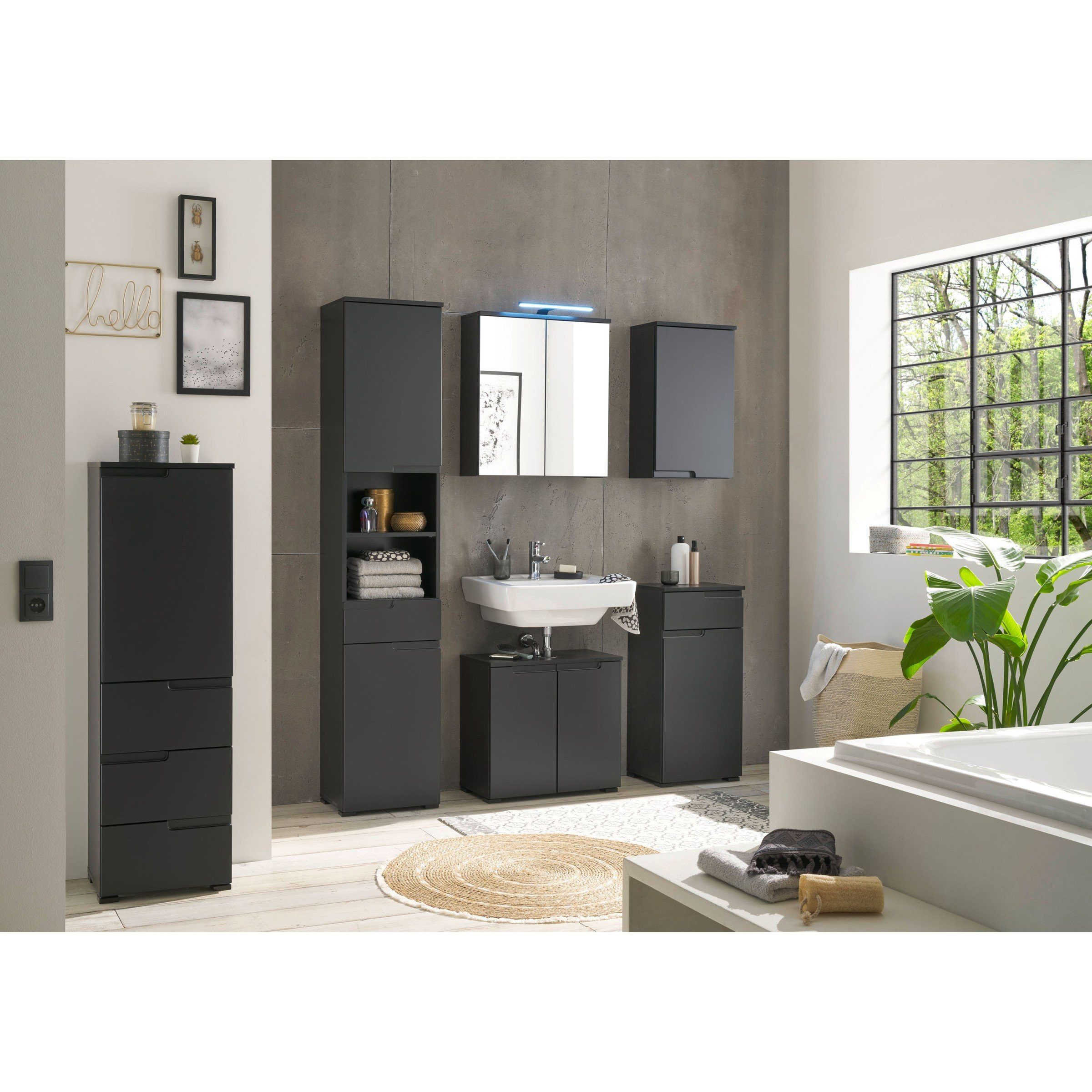 BEGA BBK Waschbeckenunterschrank in Schwarz matt mit 2 Türen. Abmessungen (BxHxT) 60x57x32 cm