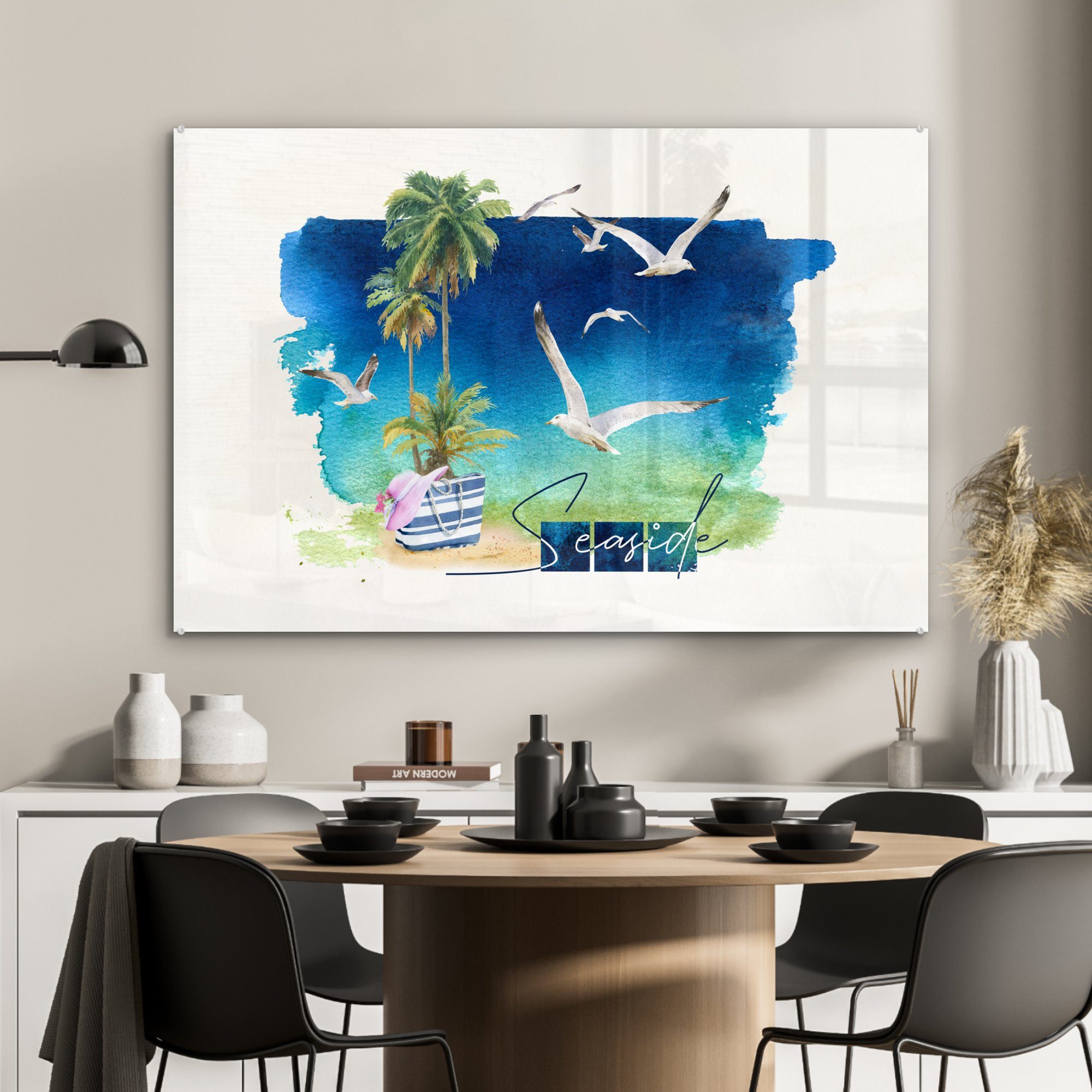 MuchoWow Acrylglasbild Vogel - Strand, - Schlafzimmer (1 St), Palme Acrylglasbilder & Wohnzimmer Himmel 