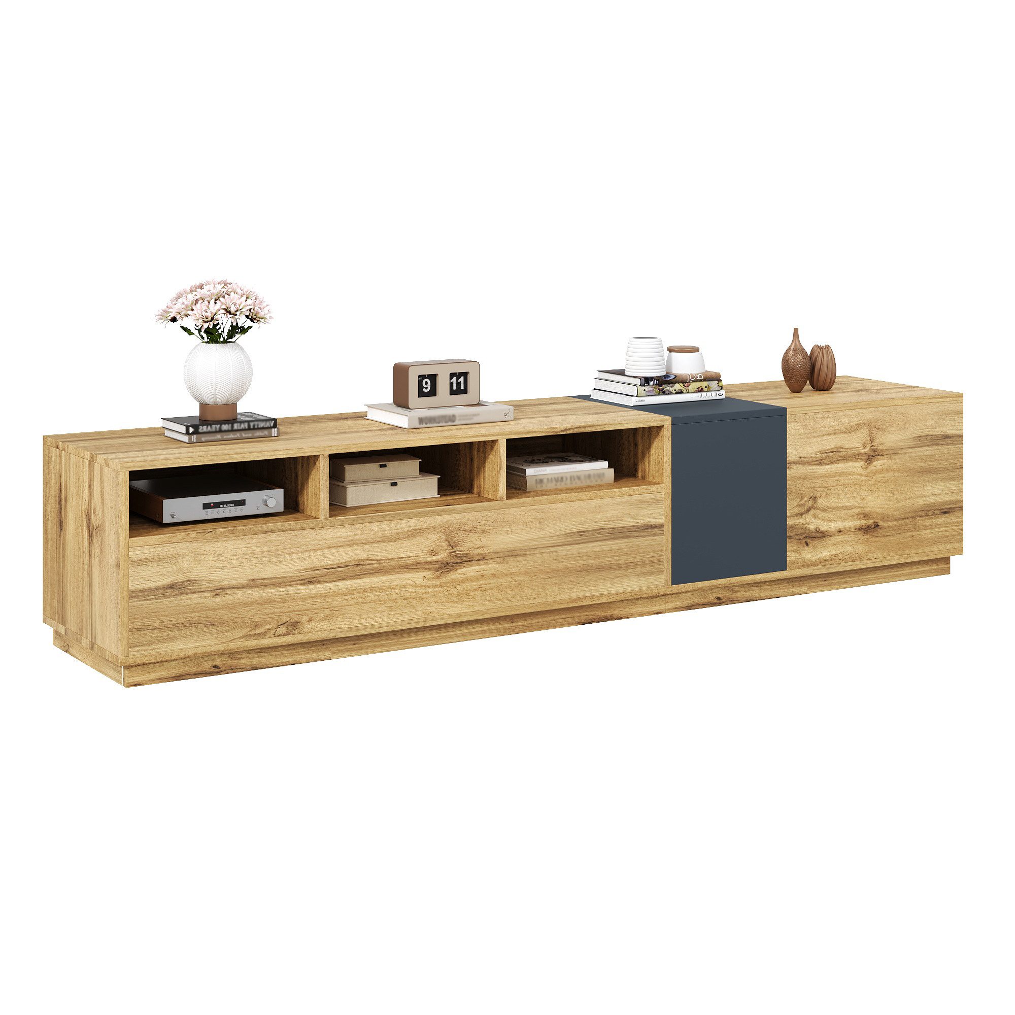 SONNI Lowboard Lowboard TV Schrank Holzfarbe 200 cm breit Modernes Design, mit Holzplatte, viel Stauraum, Kabeldurchlässe, stabil – Bild 5 von 5
