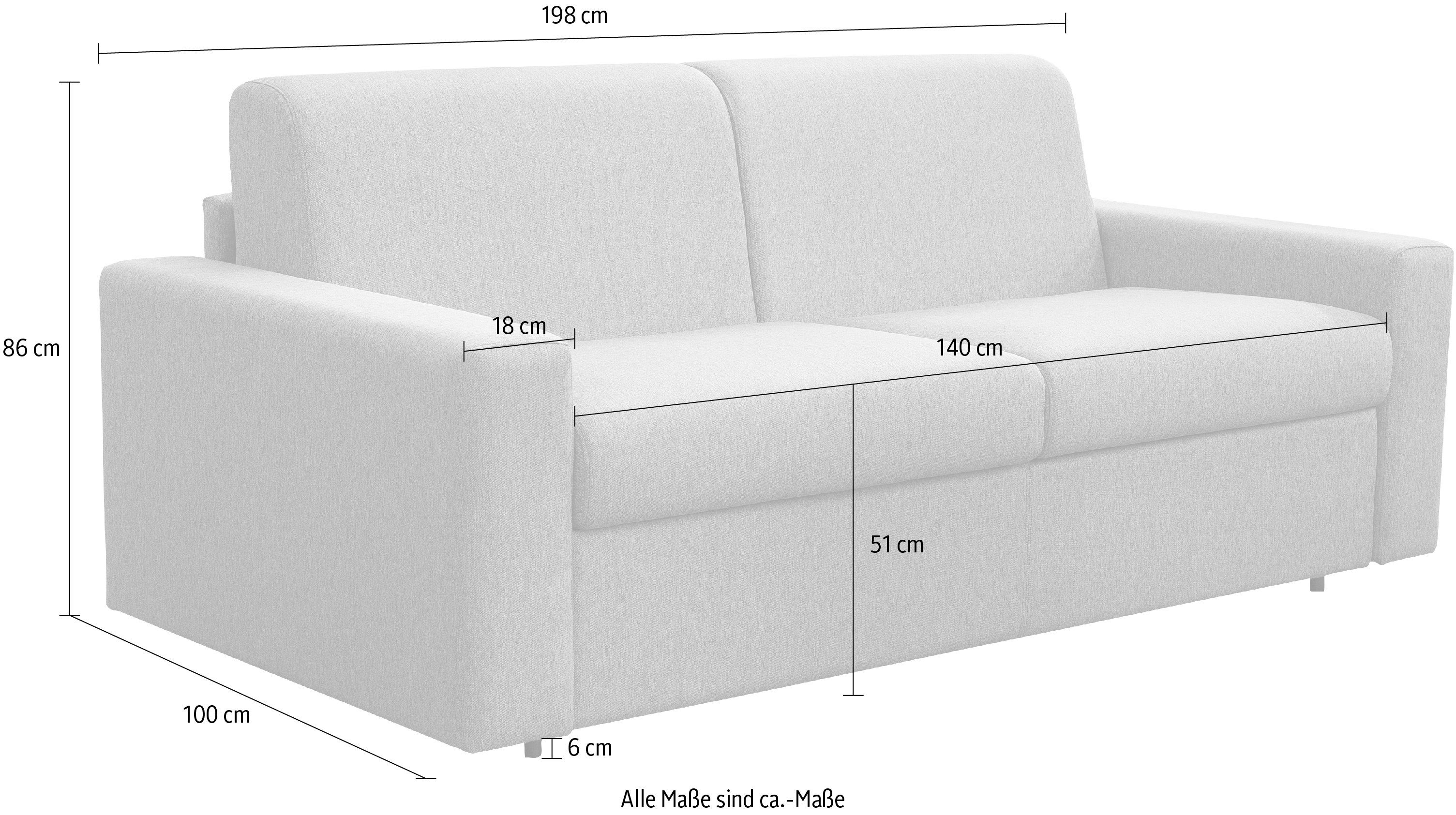 Italia cm Schlafsofa inklusive Liegefläche klappbaren Bettunterbau, Sorano, Nias Matratze 140/205 und ash