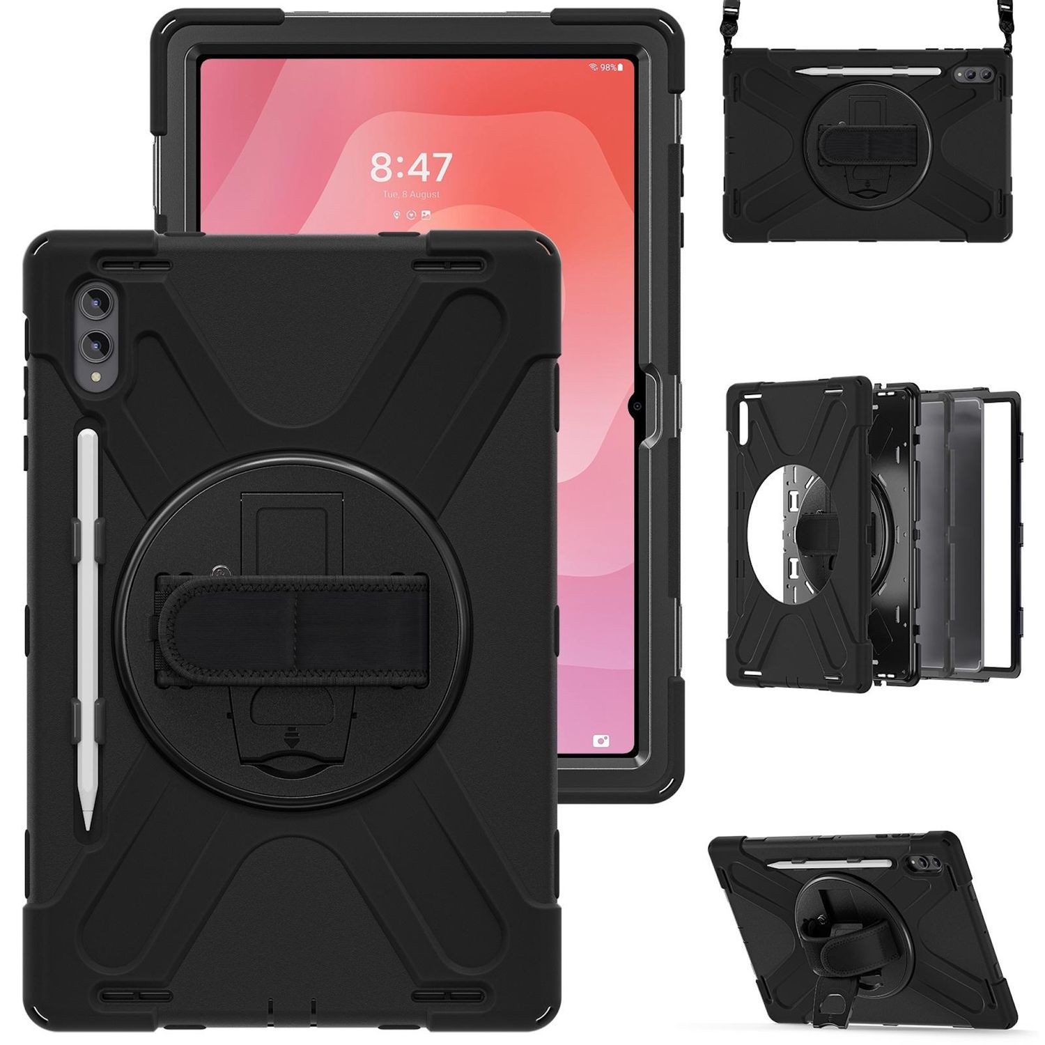 Wigento Tablet-Hülle Für Samsung Galaxy Tab S11 Ultra Hülle Halter & Schultergurt Schwarz, 360° drehbar, stoßfest, Schultergurt