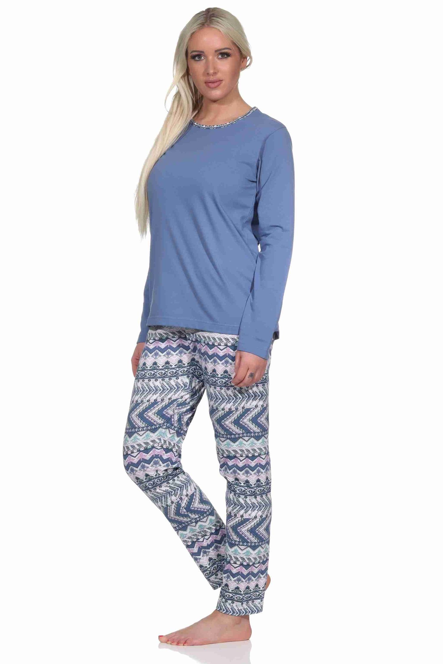Schlafanzug wunderschönen im Normann blau langarm Pyjama Damen Ethnolook