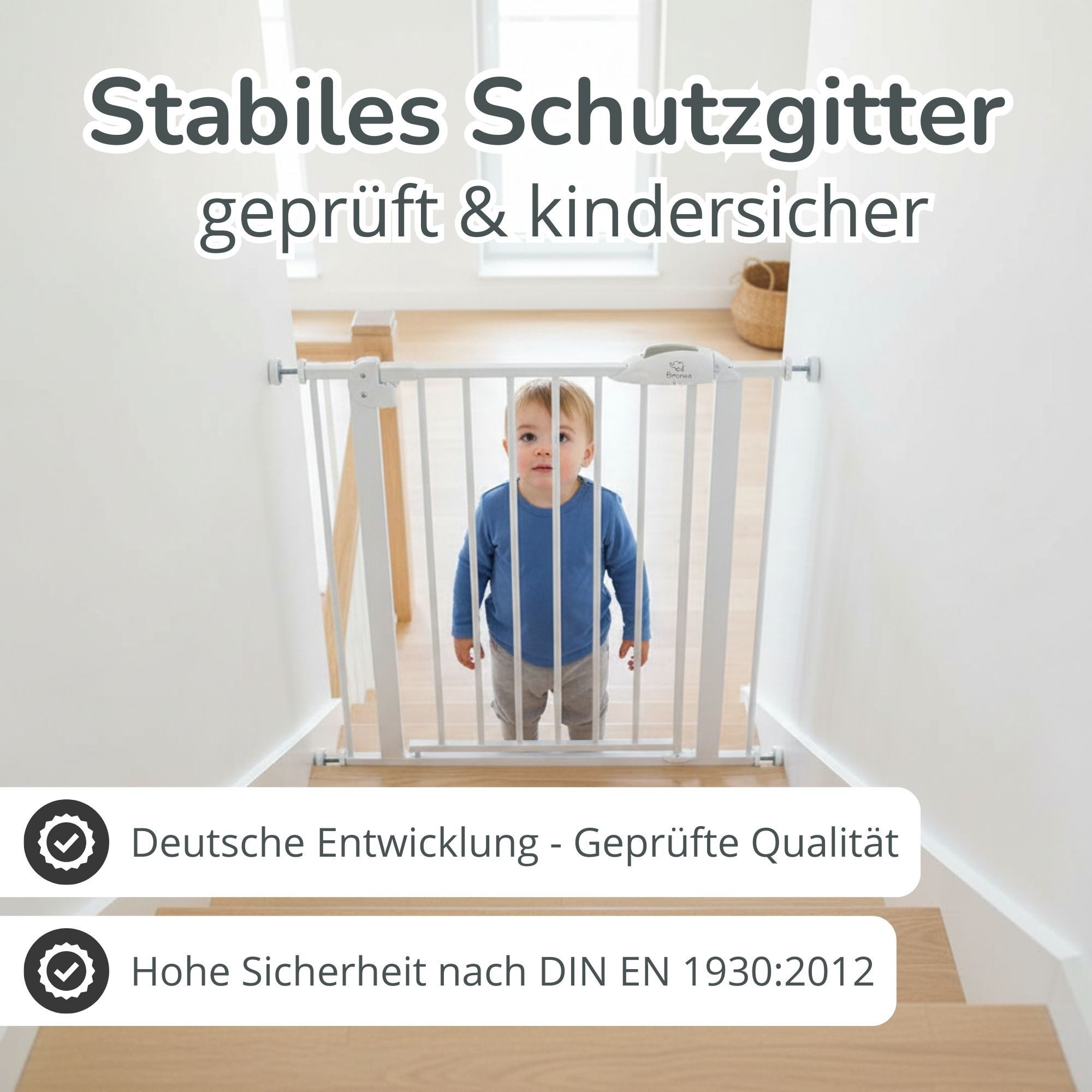 Bronea Treppenschutzgitter CLEO Türgitter ohne Bohren Kinderschutzgitter Treppengitter (zum Klemmen - ohne bohren für Tür & Treppe 75–165 cm verlängerbar, Beidseitig öffnend - Auto-Close - 90° Stopp - 3-Schritt-Sicherung), Entwickelt, Geprüft & Zertifiziert in Deutschland EN1930:2012-02