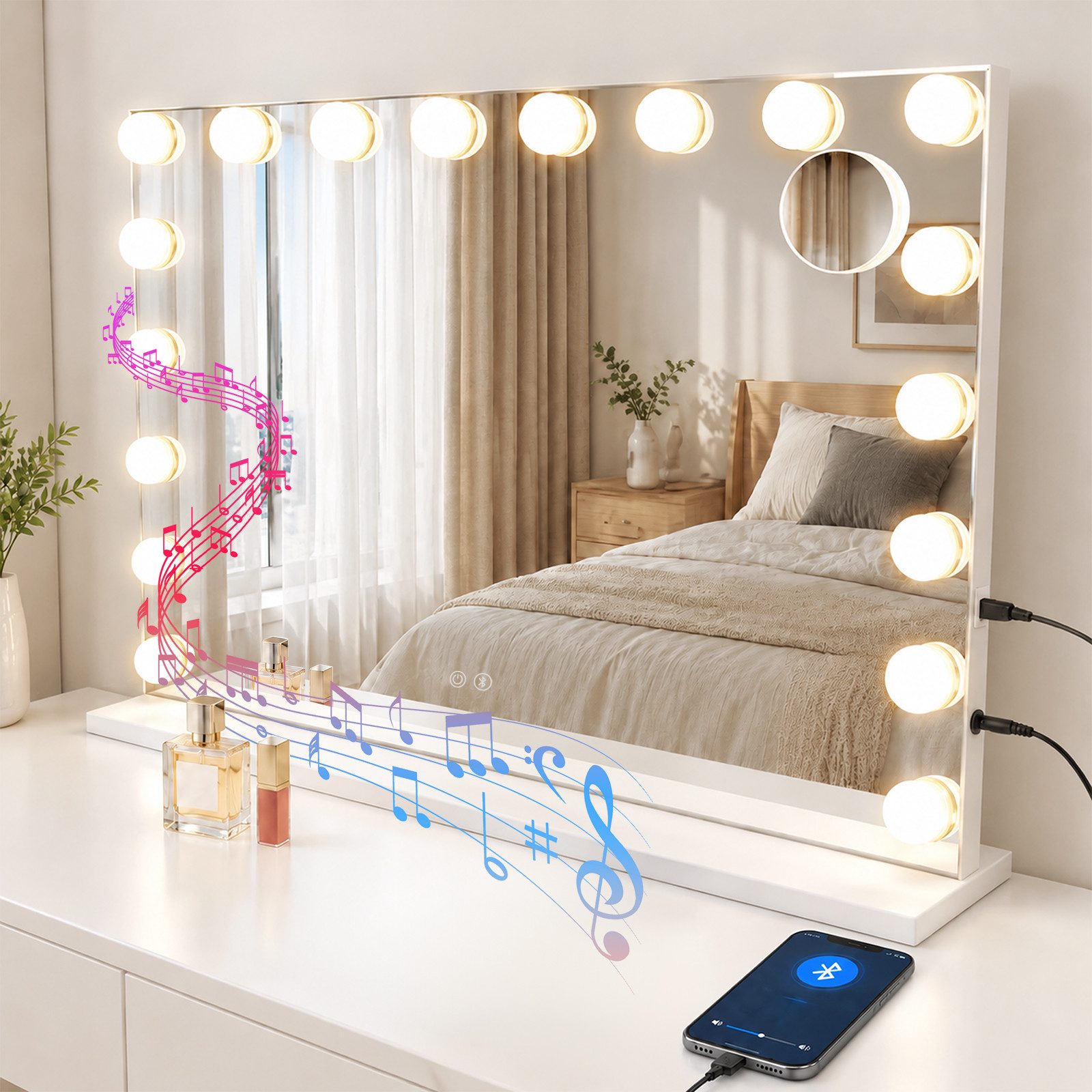 Ledklang Schminkspiegel LED-Beleuchtung,Hollywood-Style,3 einstellbare Lichtfarben,Touch (3-farbig einstellbares Licht mit Memory-Funktion, 1-St., Touchscreen), USB,80*14*60cm Musikfunktion Dimmbarer Kosmetikspiegel