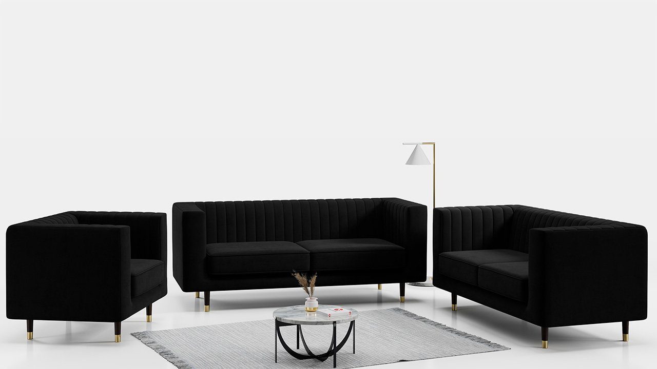 MKS MÖBEL Sofa ELMO 3 2 1, Möbelset mit hohen Beinen, im modischen Stil, Loungemöbel Schwarz Kronos