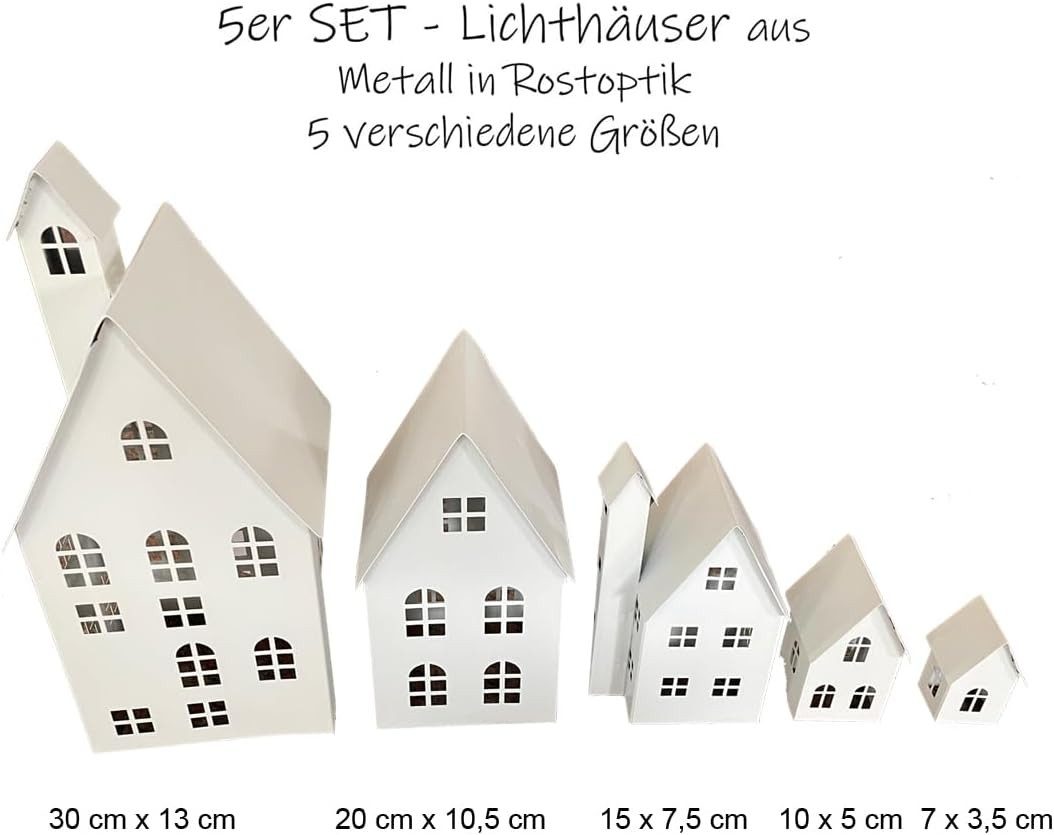 LB H&F Lilienburg Dekofigur 5er SET Haus Häuser Deko Metall Lichthaus Metallhaus Dekohaus (weihnachtsdeko Winterdeko Herbstdeko Mitbringsel Geschenk Adventsdeko Herbstdeko Tischdeko Laterne Windlicht Laterne Windlicht Wohnzimmer außen Garten Mutter Mama Winter Eingang Teelichthaus Kerzenhaus Dekolicht zuhause Kerze Teelicht Licht Grablicht Advent Weihnachtsdeko Winterhaus Metalldeko Geschenk Dekofigur Dekohaus Balkon Terrasse Eingangstür Tischdeko Deko Fenster, Grablaterne Adventsdeko Licht Beleuchtung Gartenparty Mitbringsel), Tisch Herbst Herbstdeko Windlicht Geschenkset WEISS