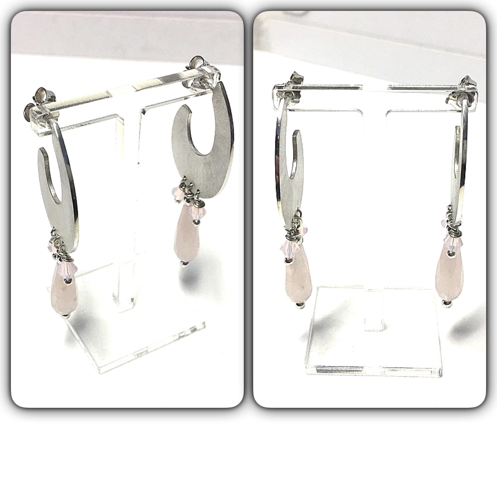 Edelschmiede925 Paar Creolen Ohrringe Edelschmiede925 moderne Ohrstecker 925 Silber matt Rosenquarz