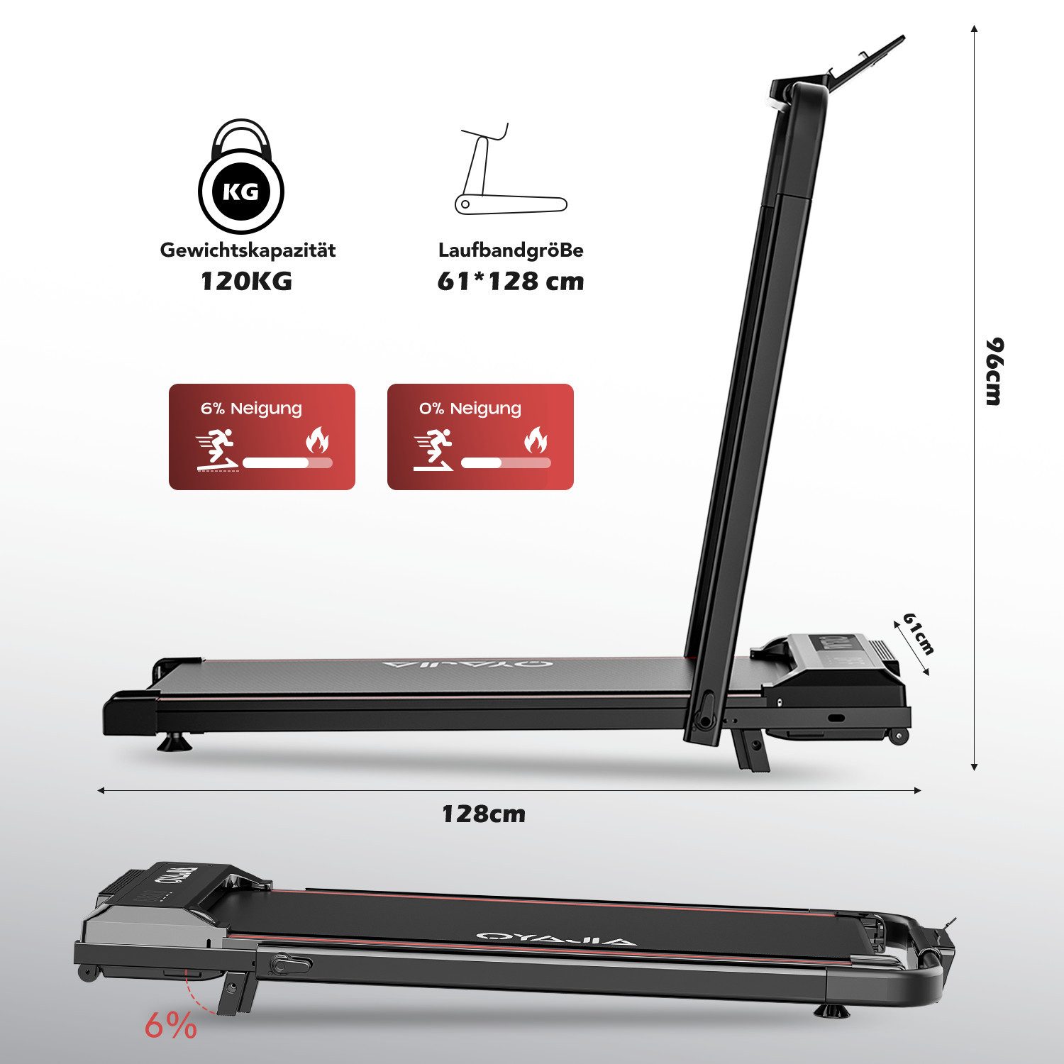 kehot Laufband Leises Laufband für Zuhause mit Steigung (Mit Toolkit, Schmiermittel, bis 6% Steigung), Klappbares Laufband bis12 km/h mit APP Walking Jogging Pad