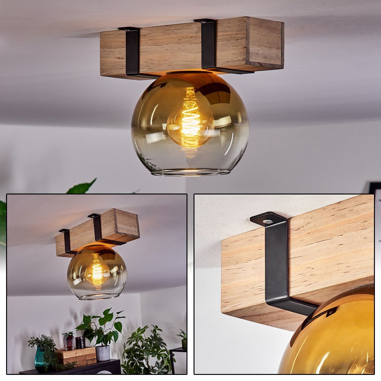 Leuchtmittel, in Metall/Holz/Glas Ø15cm, 1x Schwarz/Natur/Goldfarben/Klar, Holzbalken hofstein E27, Glasschrim ohne und Deckenlampe ohne Deckenleuchte Leuchtmittel aus