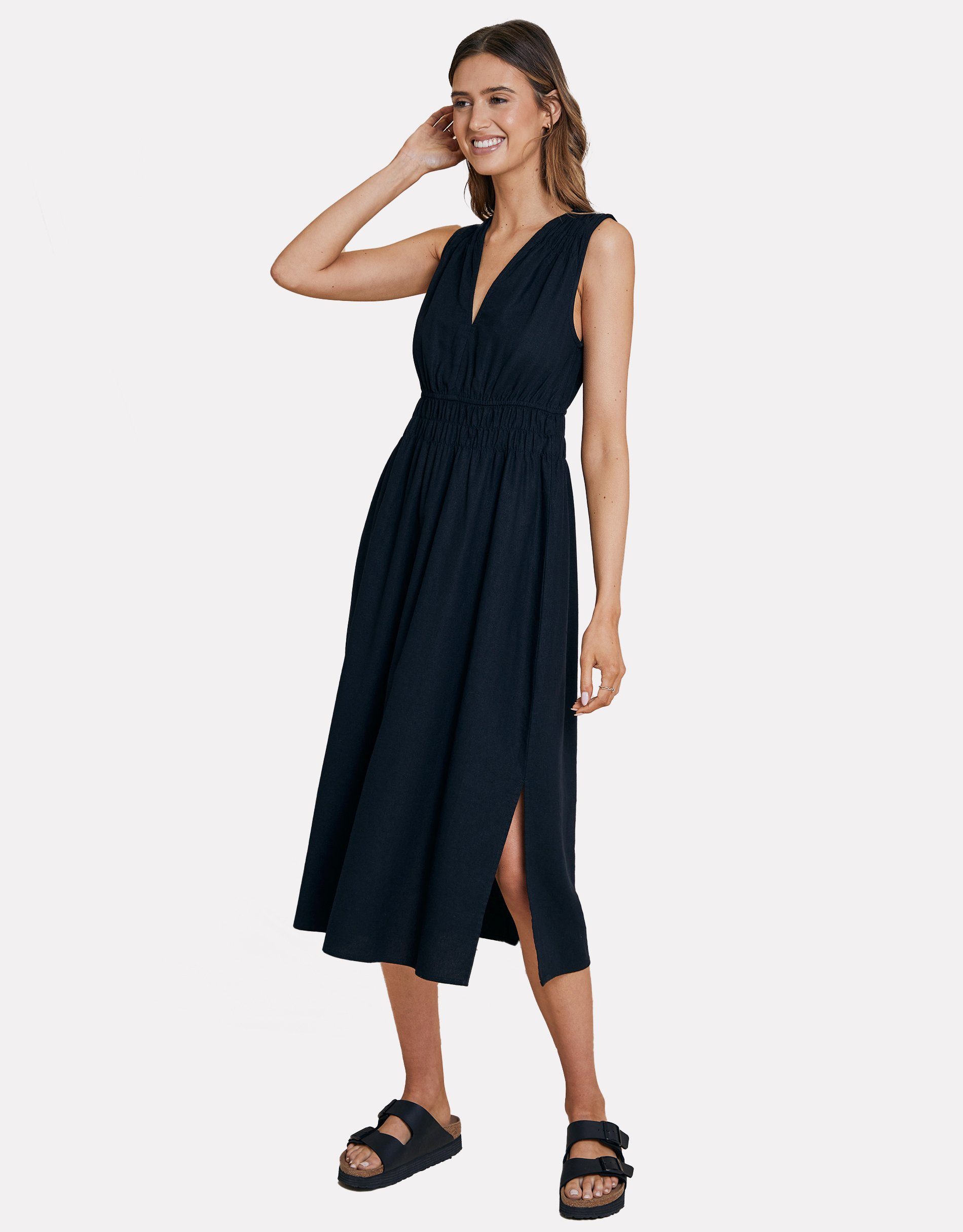 Black Threadbare Waisted Dress Midi Sommerkleid - schwarz THB Peppercorn Linen