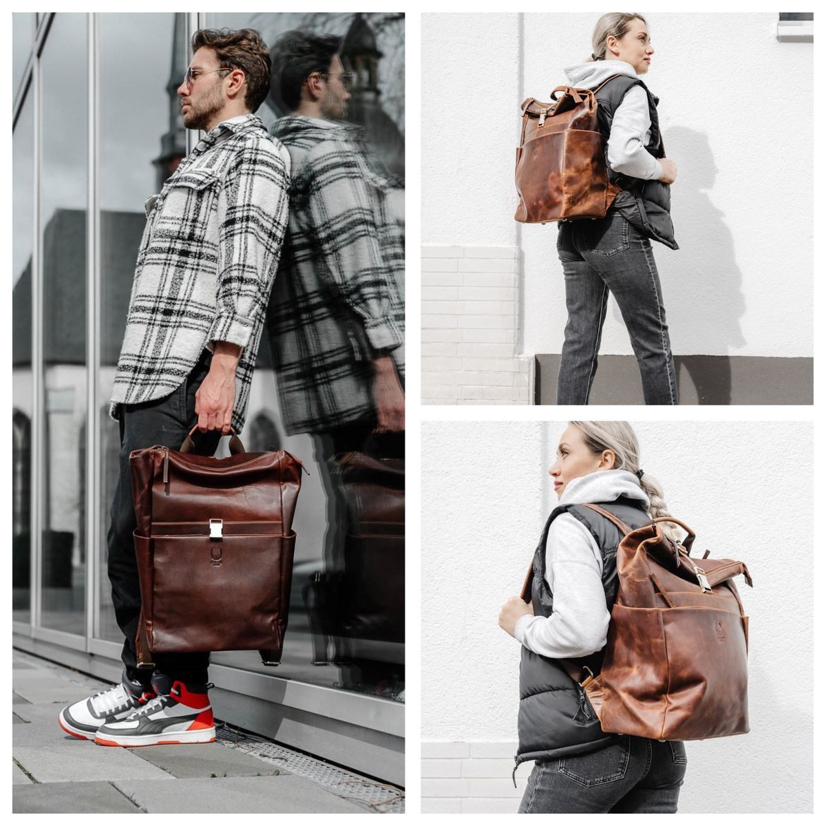 Corno d´Oro Rucksack Herren Leder Groß Handmade Rolltop Lederrucksack Damen, für 17 Zoll Laptop, verstellbares Volumen, viele Fächer
