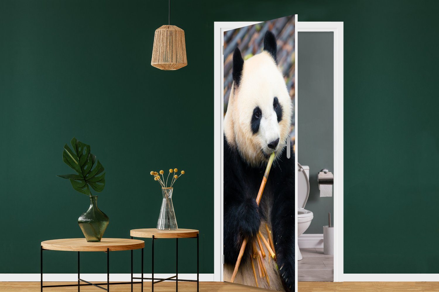 Panda cm St), Türtapete Matt, für Türaufkleber, - Blätter, Bambus 75x205 MuchoWow (1 - Tür, Großer bedruckt, Fototapete
