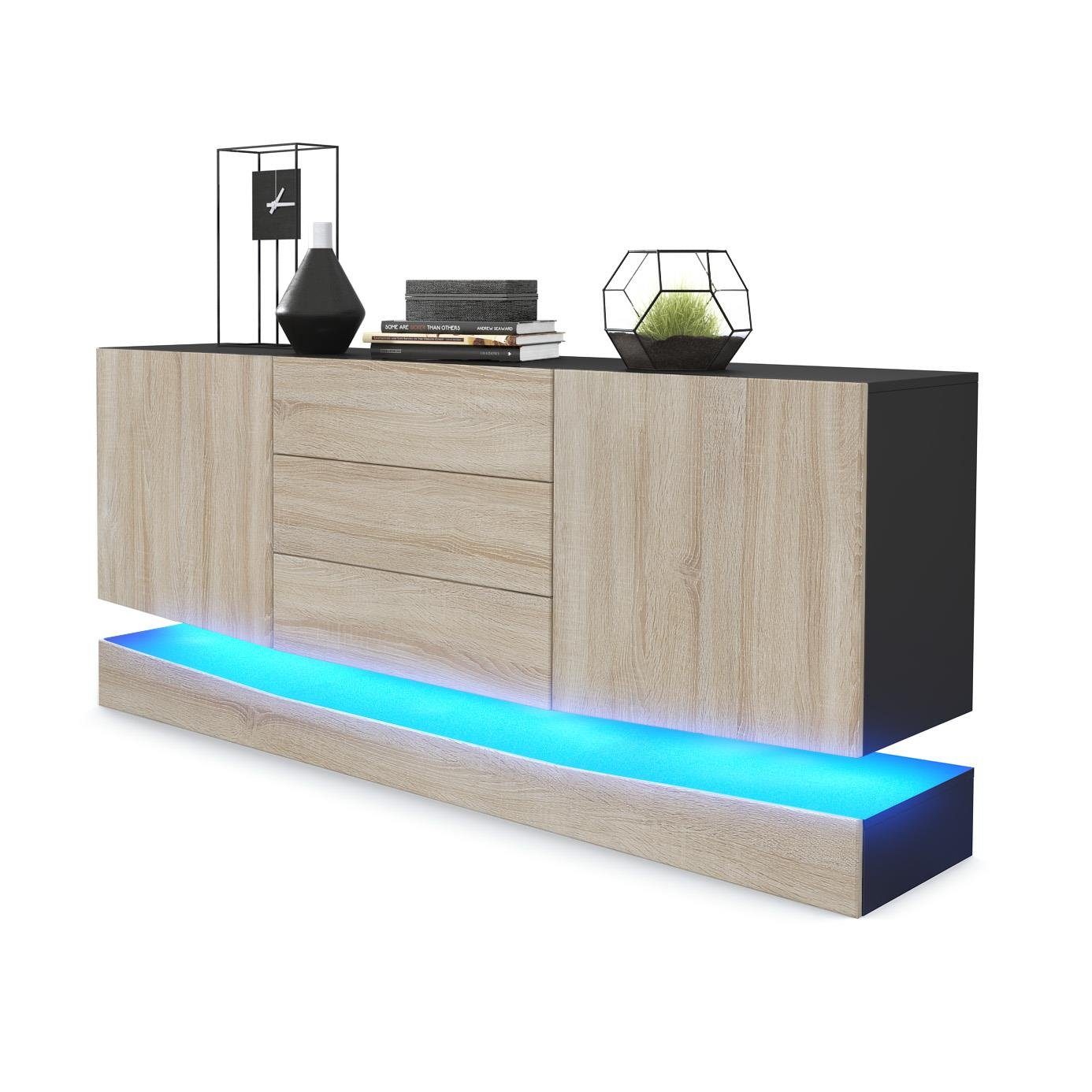 Vladon Sideboard City (Kommode mit 2 Türen, und 3 Schubladen inkl. LED-Beleuchtung), Schwarz matt/Eiche sägerau (178 x 72 x 38 cm)