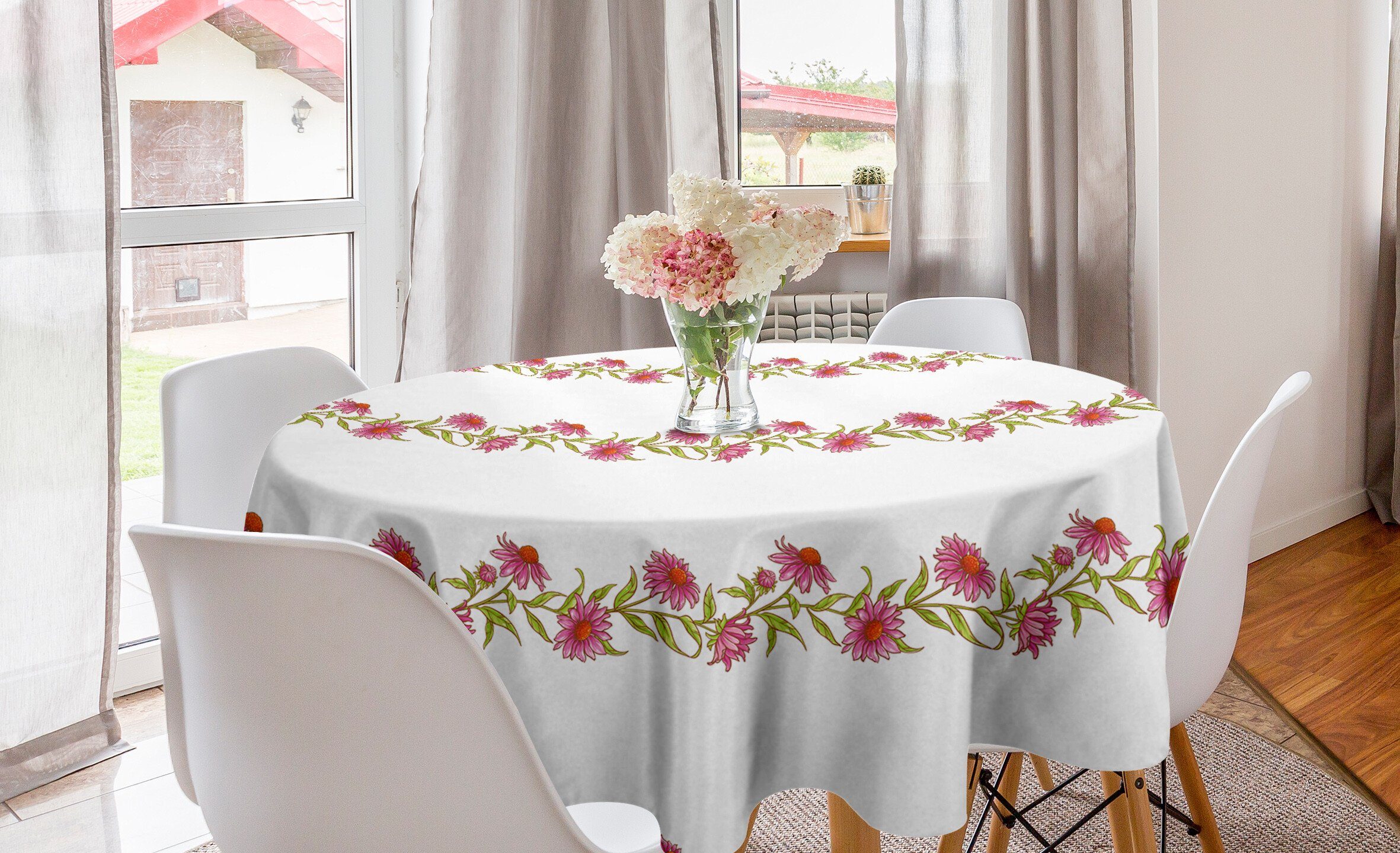 Abakuhaus Tischdecke Kreis Tischdecke Abdeckung für Esszimmer Küche Dekoration, Sonnenhut Horizontal Blühstreifen