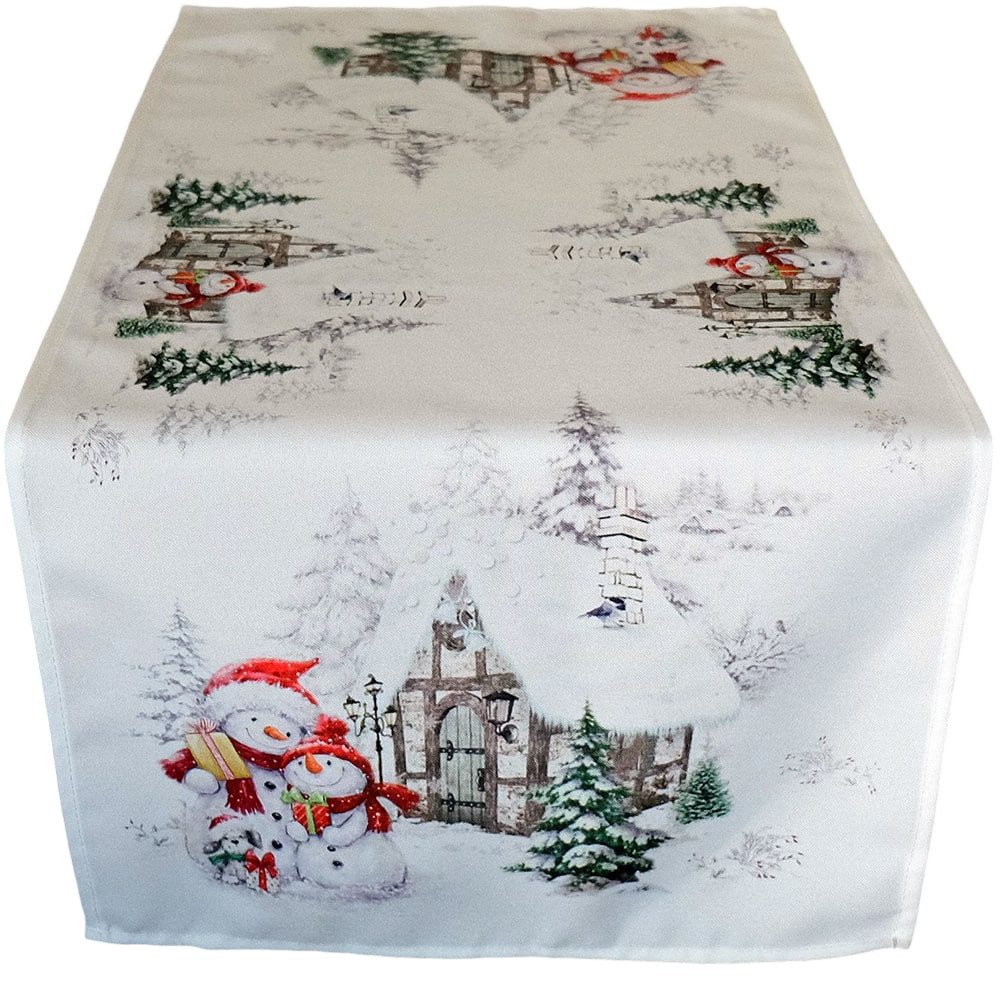 matches21 HOME & HOBBY Tischdecke Tischläufer ROBINA Schneemänner Hund bunt Polyester 40 x 90 cm (1-tlg), Pflegeleicht & waschbar bei 30 °C