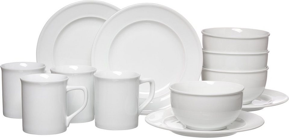 Ritzenhoff & Breker Frühstücks-Geschirrset Service, Simple (Teller, Schale,  Kaffeebecher) (12-tlg), 4 Personen, Porzellan, Relief-Rand, 12 Teile, für 4  Personen