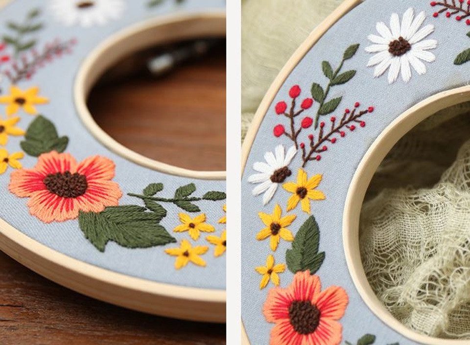 101DIYStudio Kreativset Stickset Anfänger Blumenkranz mit Doppel-Stickrahmen, (Geschenk Geburtstag Hochzeit, Stickerei Set Erwachsene), Kreative Form