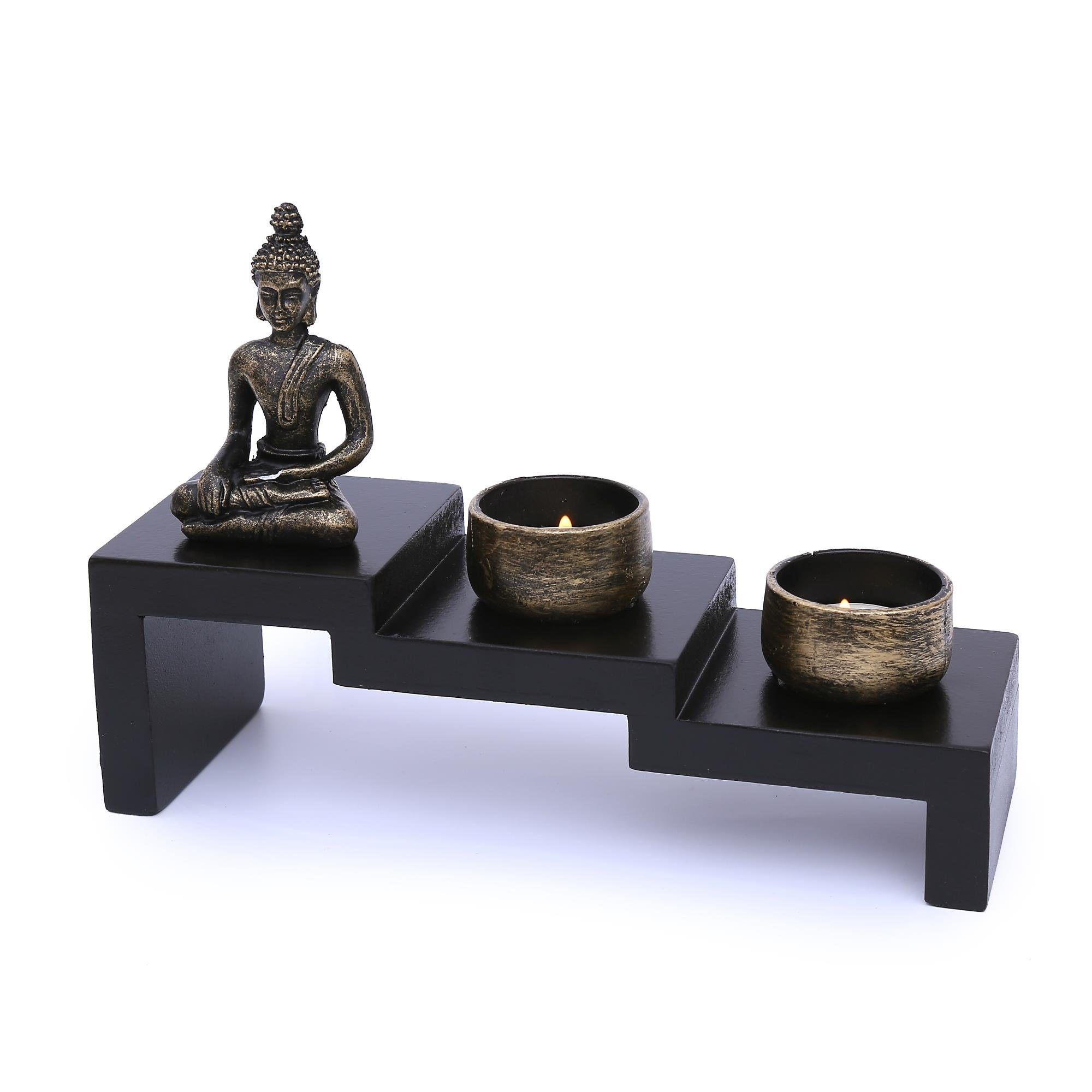 Teelichtern), - Teelichterhaltern Mini (Set, und 2 Figur Zen Set Statue, Buddhafigur Naturholz Buddha Garten Garten Esotherik mit Kerzenhalter 2 Flanacom Buddha
