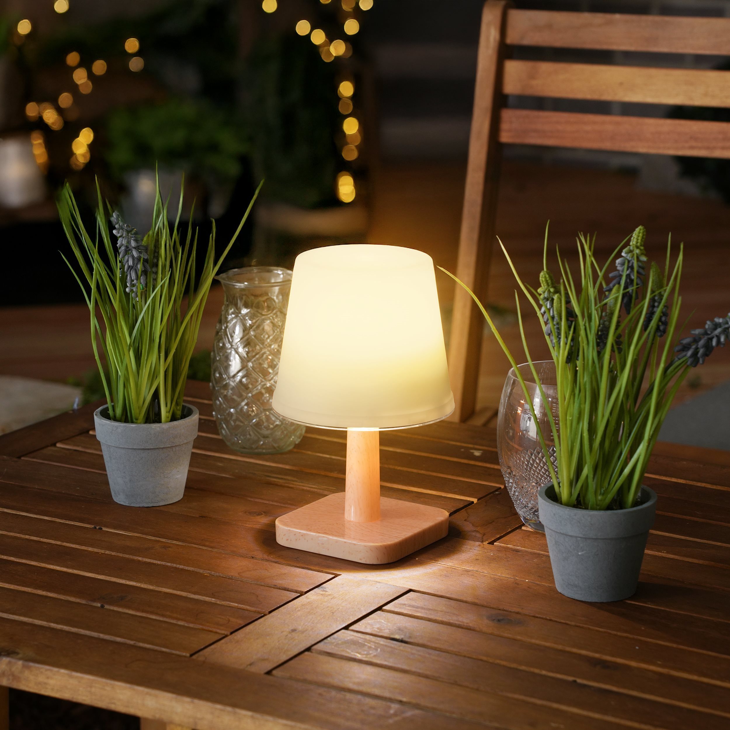 esotec LED Außen-Tischleuchte Solar Tischlampe HARMONY Holzoptik H=21cm 3000K warmweiß IP44 102912, LED fest integriert