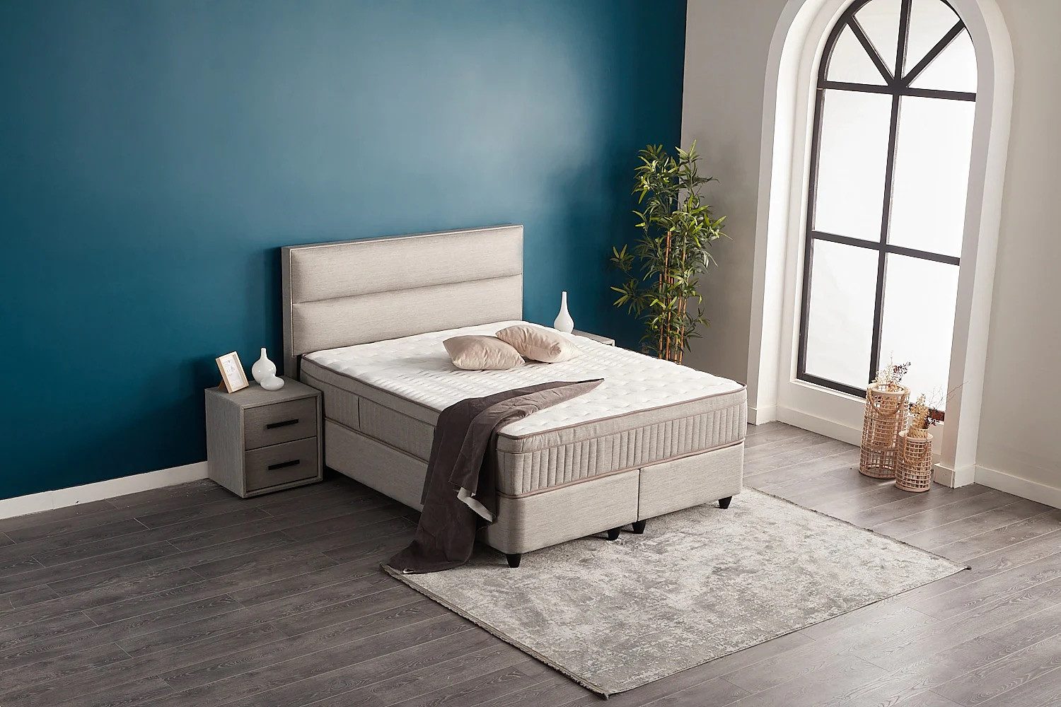 abc bedding Boxspringbett Komfortbett SUNA mit stilvollem Webstoff in grau (3-Teile), Voll-orthopädisches Schlafsystem inklusive Bettkasten