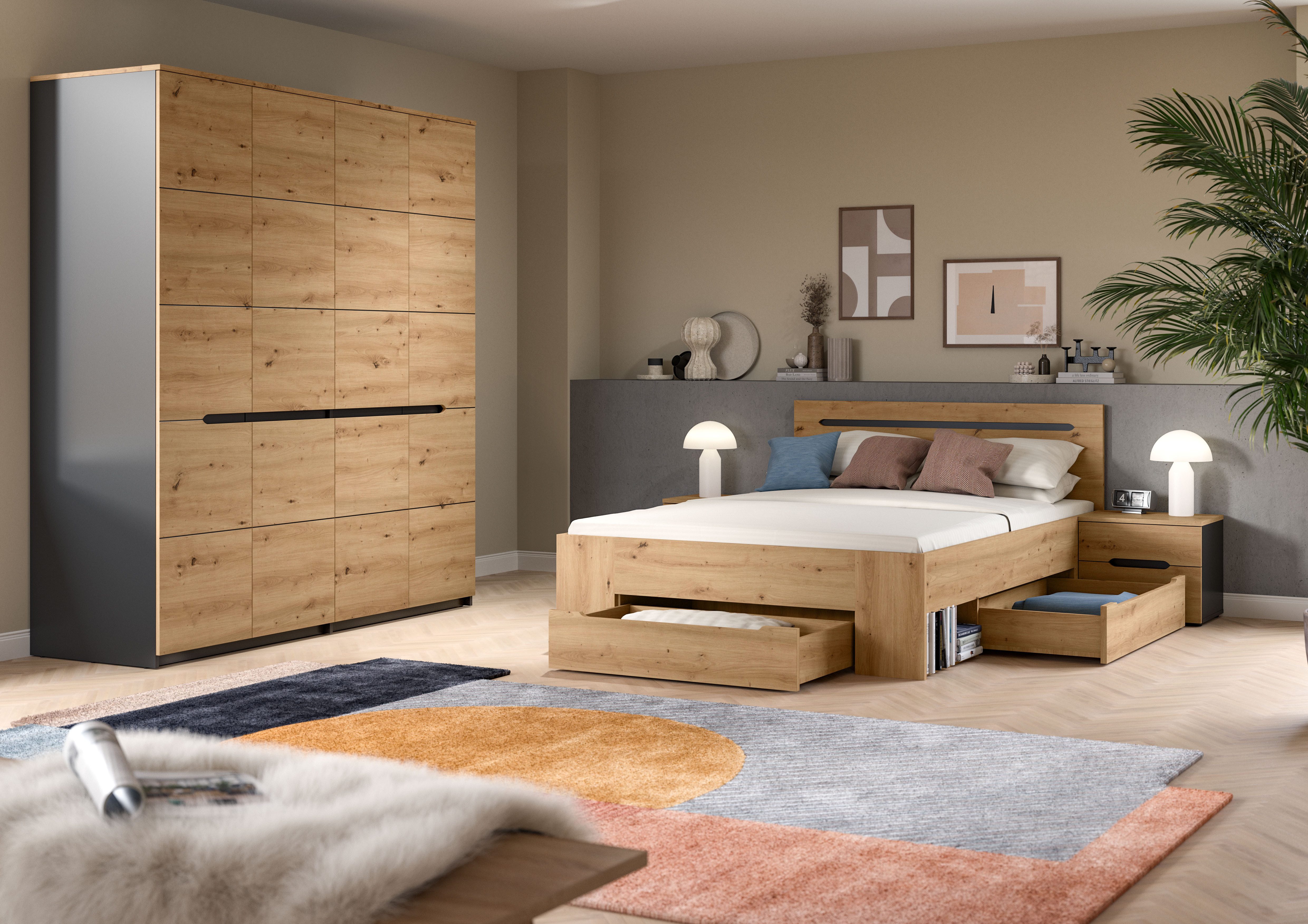 Home affaire Schlafzimmer-Set REHAT, 4-teilig, best. aus: Bett, Kleiderschrank & 2x Nachtkommode, (4-tlg., TOPSELLER!, für Matratzengröße 140x200 cm, viel Stauraum), Rehat, Schlafzimmerset, Bett 140x200 cm, Nachttische, 1 Kleiderschrank