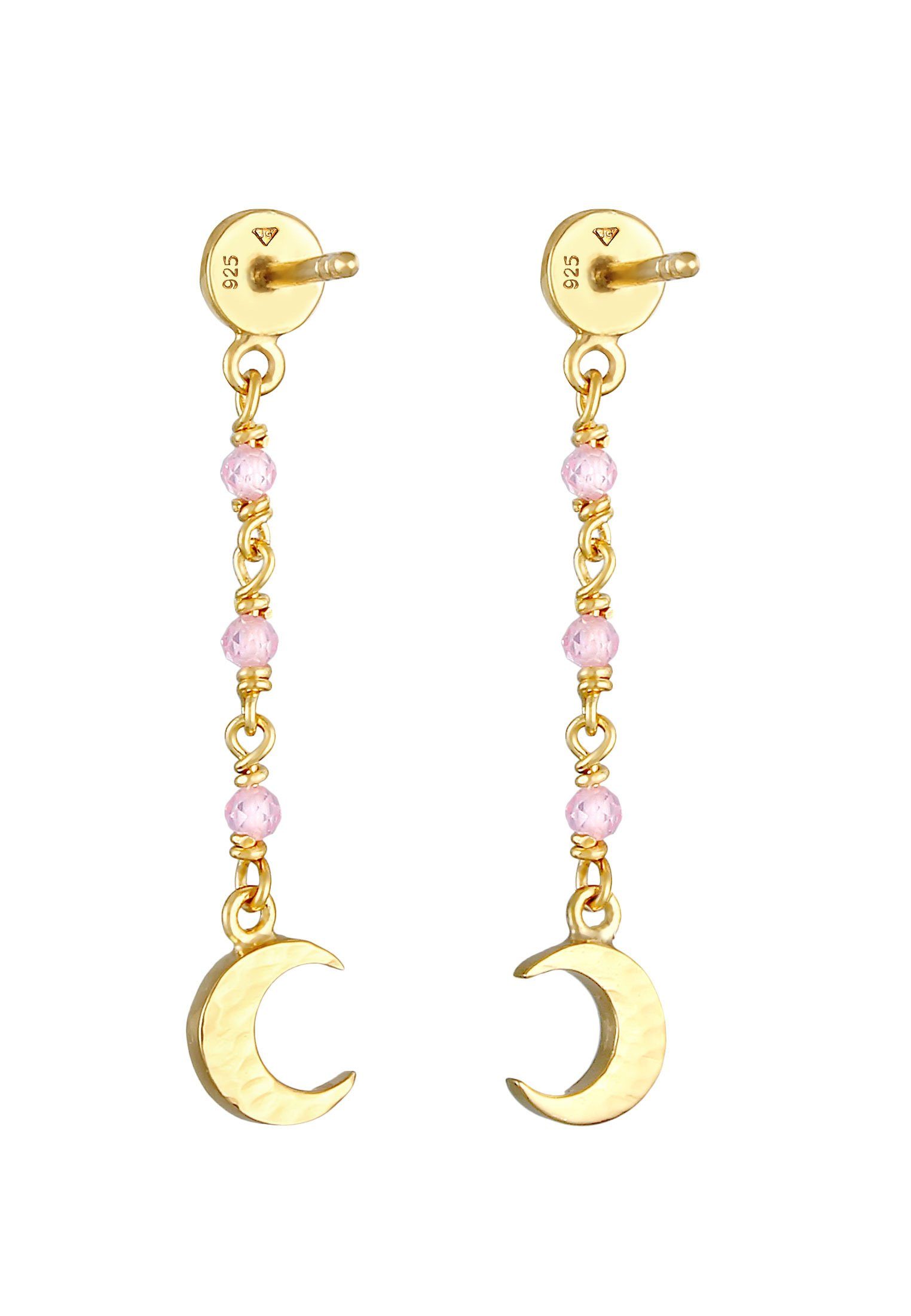 Elli Paar Ohrhänger Gold Silber, Quarz Plättchen Struktur Mond Astro, 925 Halbmond Rosa