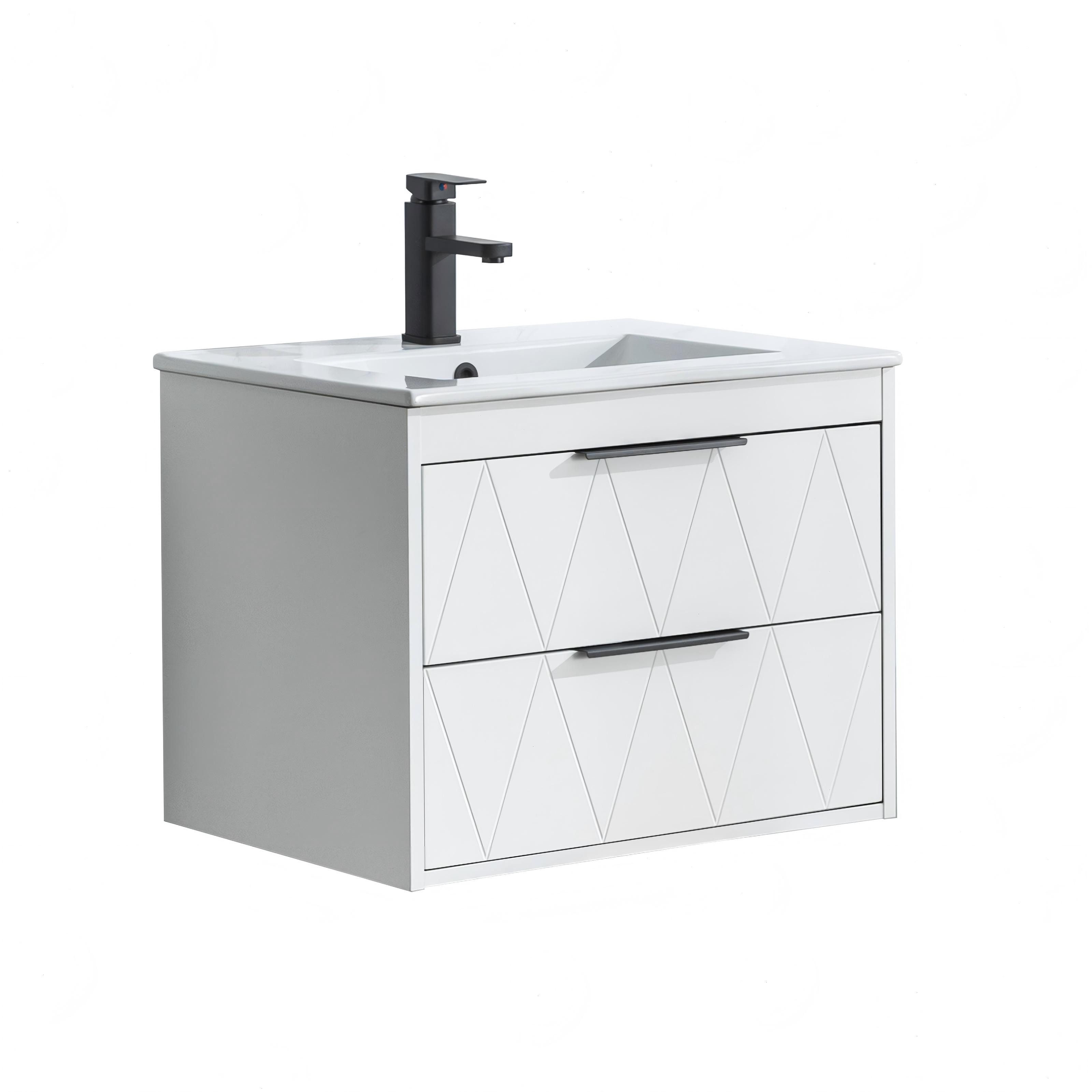 UEV Waschtisch mit Unterschrank, Hängender Waschbeckenunterschrank 60cm/75cm/90cm (mit Wasserhahn und Pop-up-Ablassventil), Soft-close Schubladen, Badezimmerschrank mit Waschbecken aus Keramik