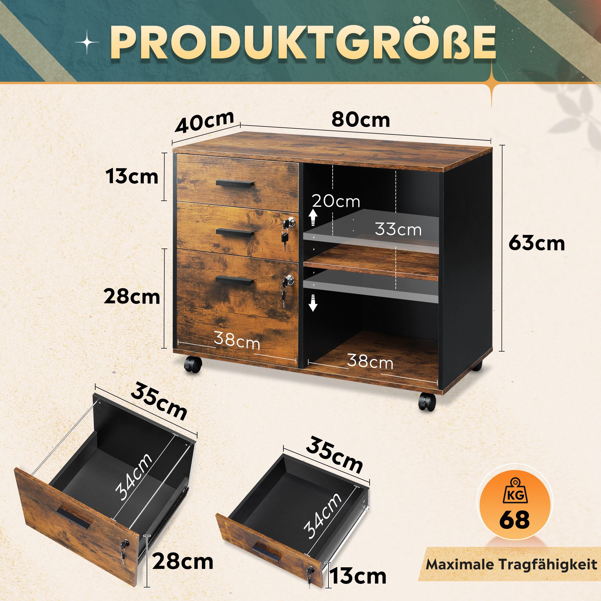DEVAISE Aktenschrank Rollcontainer mit 3 abschließbaren Schubladen & offenem Fach, (80×40×63 cm) mobiler Aktenschrank auf Rollen, Hängeregistratur Letter