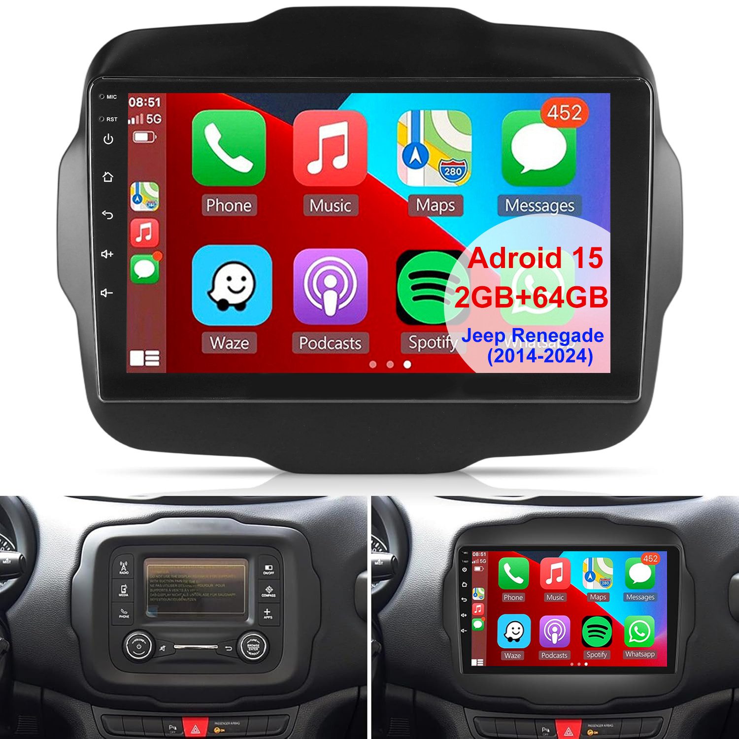 ESSGOO Carplay Android 15 Autoradio Für Jeep Renegade 2014-2024 GPS Navi RDS Autoradio (DAB+ (optional), 4+64GB(optional), RDS, AM, FM, Apple Carplay Android Auto GPS Navi WIFI BT EQ)