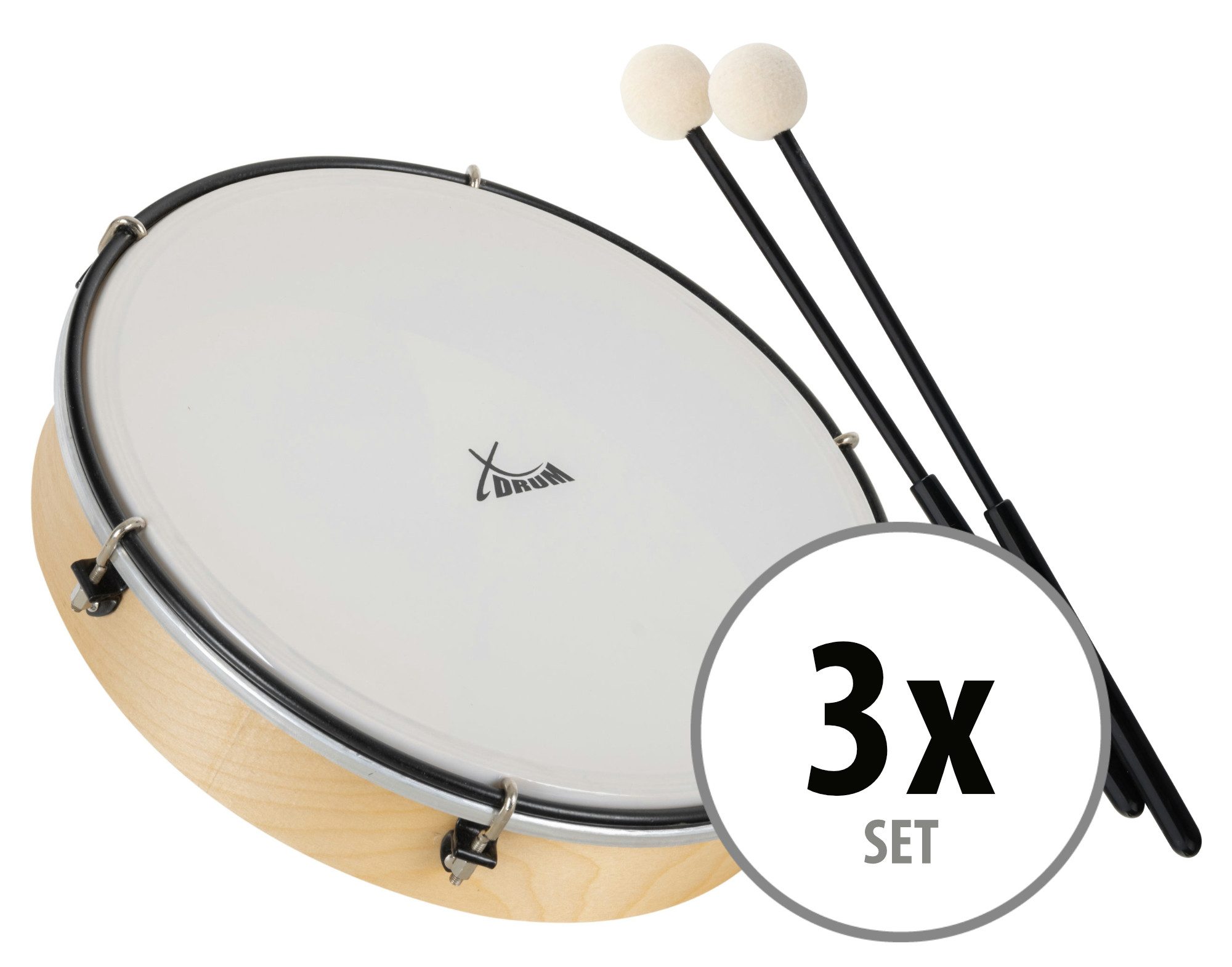 XDrum Handtrommel HTM-10K 10 Zoll Kunststoff-Fell 3er-Set mit Schlägeln, 6-St., 10 Zoll Kunststoff-Fell 3er-Set mit Schlägeln