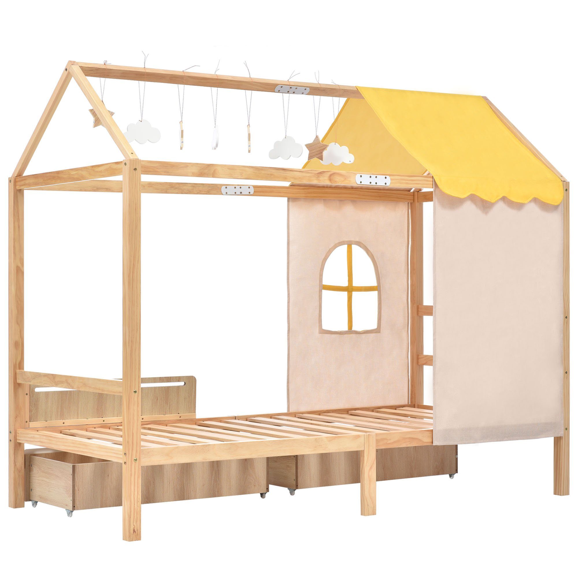 Lattenrost Einzelbett Hausbett SPLOE Holzbett mit Kinderbett und Natur, Schubladen (90x200cm), 2 Kinderbett Bettrahmen HAUSS