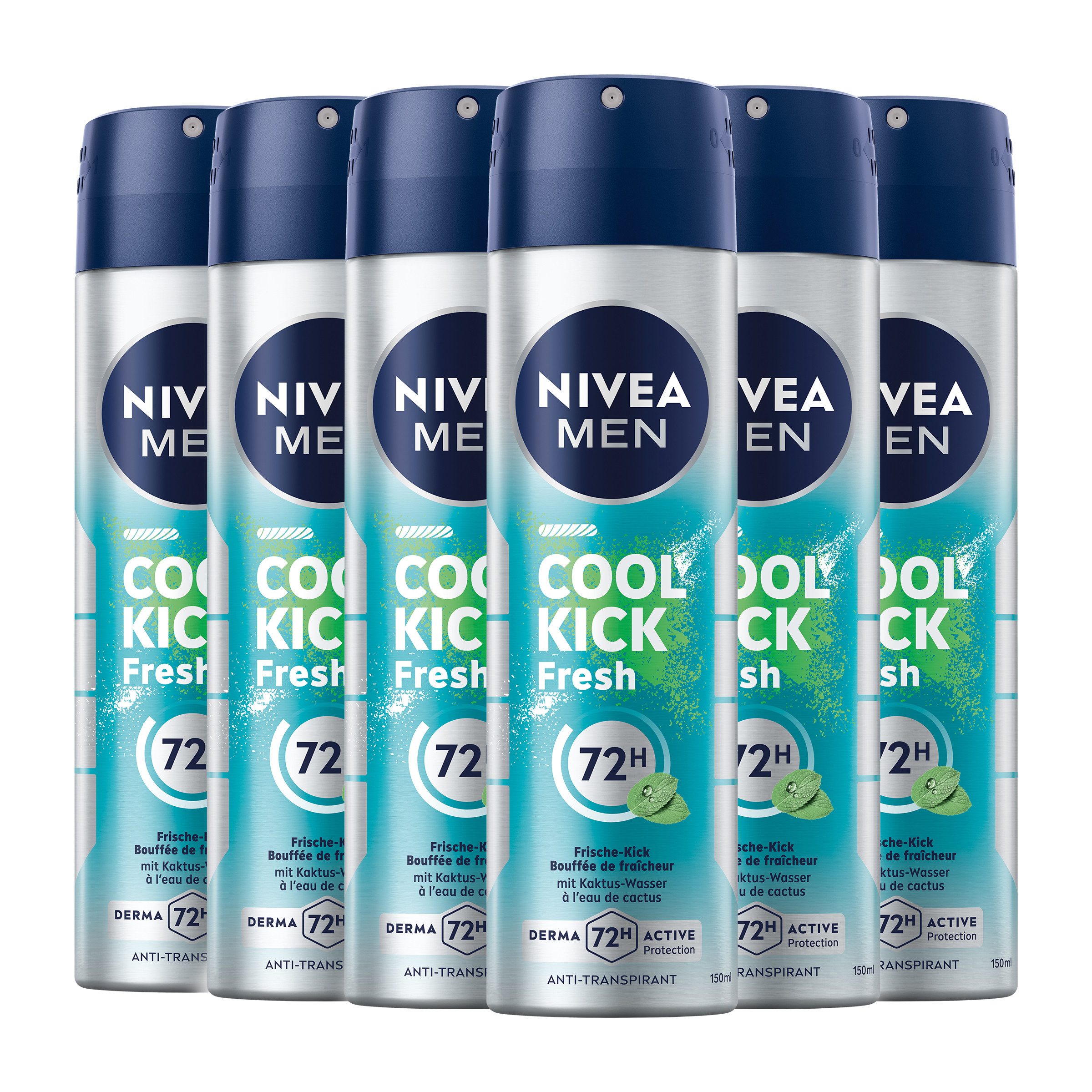 Nivea Men Deo-Spray Cool Kick Fresh Deo Spray 6 x 150ml, Packung, 6-tlg., Kraftvoller Frischekick – mit Kaktuswasser