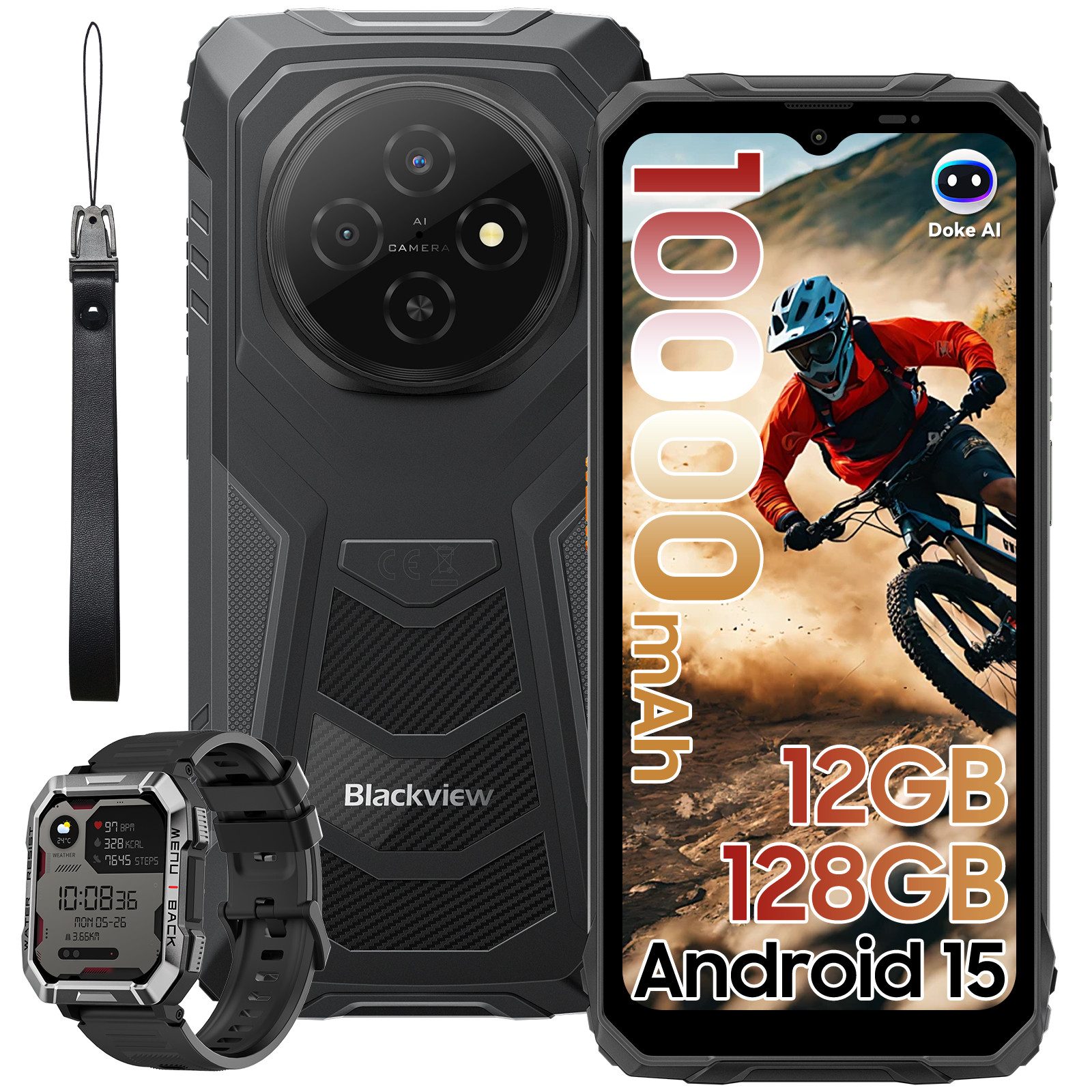 blackview FORT 1 incl. W60 Smartwatch Android 15, 10000mAh, Outdoor Smartphone (128 GB Speicherplatz, 6.56”, 90Hz, fingerprint, NFC,10000mAh, 18W)