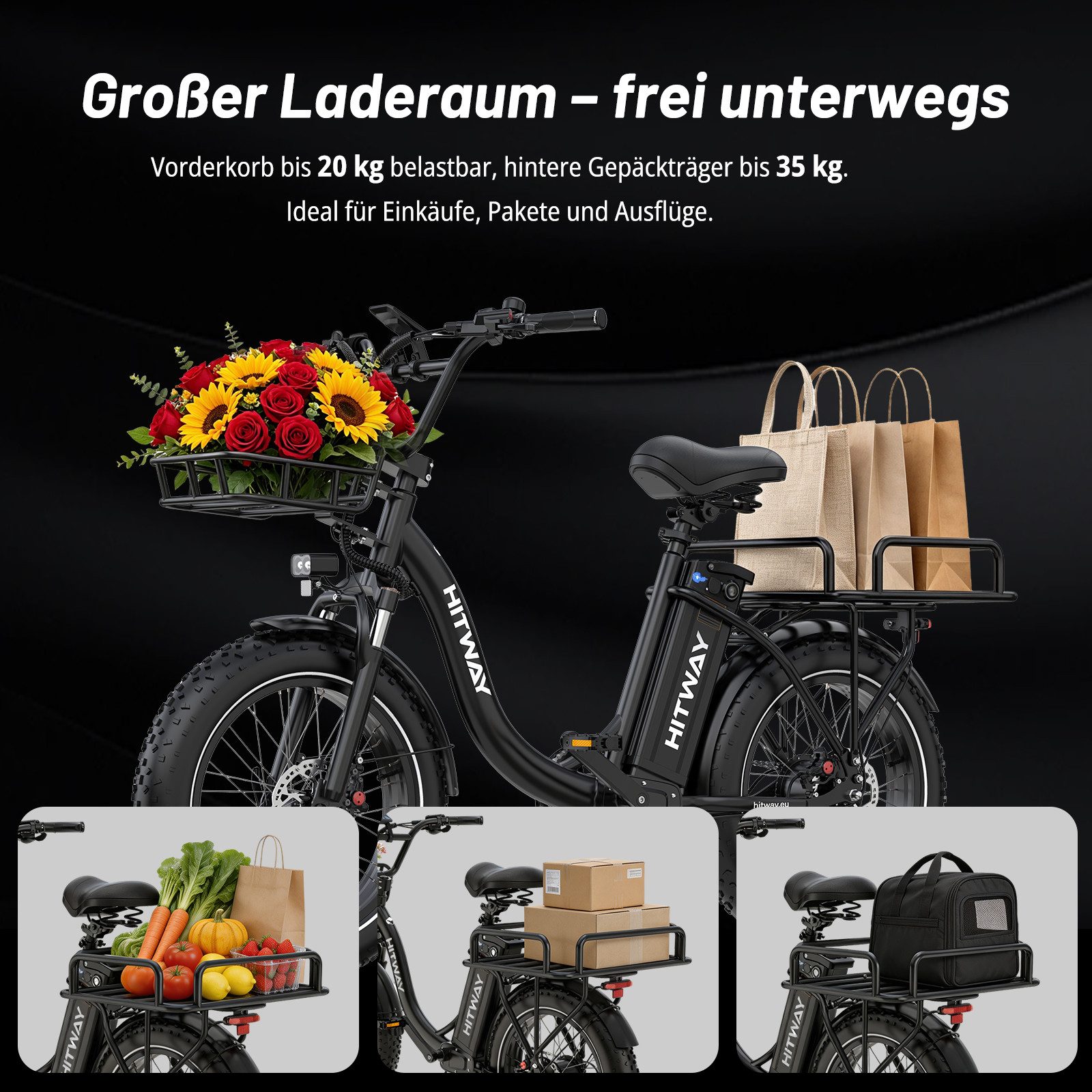 HITWAY E-Bike Cityrad Pedelec 20x4.0 48V 27Ah Drehmomentsensor, 7 Gang shimano, Kettenschaltung, Heckmotor, 1296 Wh, Bis zu 160 km, Hydr. Scheibenbremsen, Locko – Bild 5 von 5