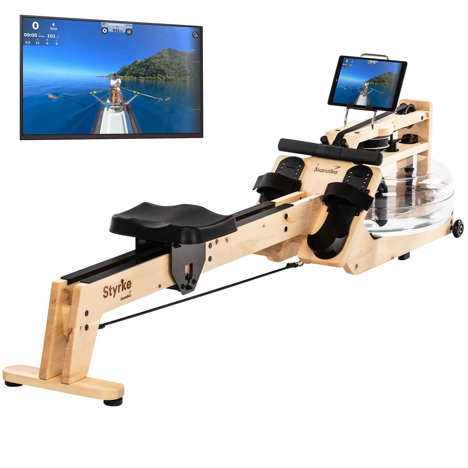 Skandika Rudergerät Styrke Premium Zirbe, Wasserrudergerät für Zuhause, bis 180 kg (Transportrollen gummiert, kugelgelagert), Made in Germany, Holz aus Österreich, Rudermaschine, Kinomap Bluetooth