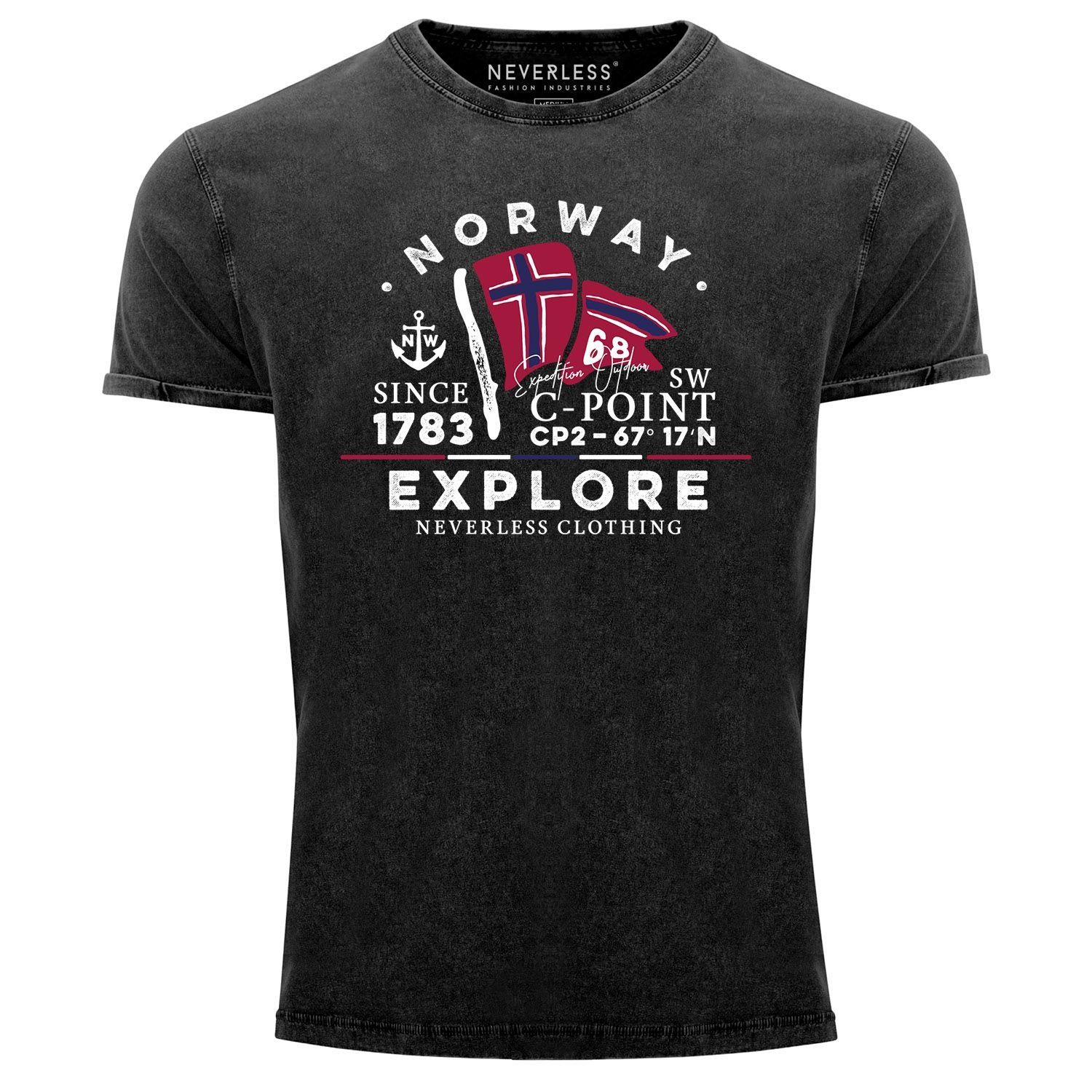 schwarz Neverless Norway Norwegen Printshirt Explore Flagge mit Print-Shirt norwegische Look Herren Print Shirt Slim Fit Used Neverless® Vintage