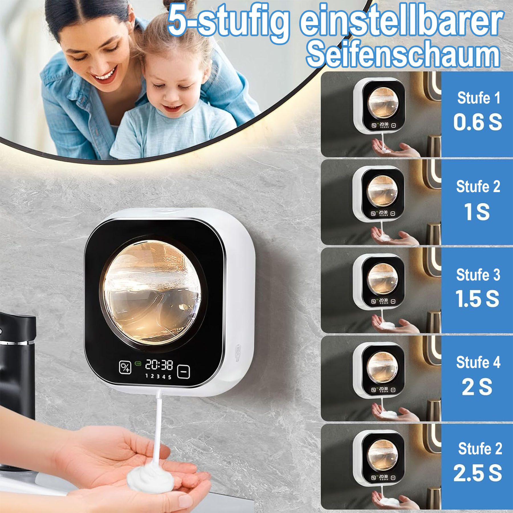 Senmudi Seifenspender Automatischer Seifenspender, 320 ml, 5-stufige Schaumregulierung, (USB-wiederaufladbar, mit Ambientelicht und bis zu 80 Tagen Laufzeit, IPX5 Wasserdicht, Geeignet für Küche, Bad, Büro, Schule, Hotel usw), Es ist das perfekte Geschenk für Familie, Freunde oder den Partner