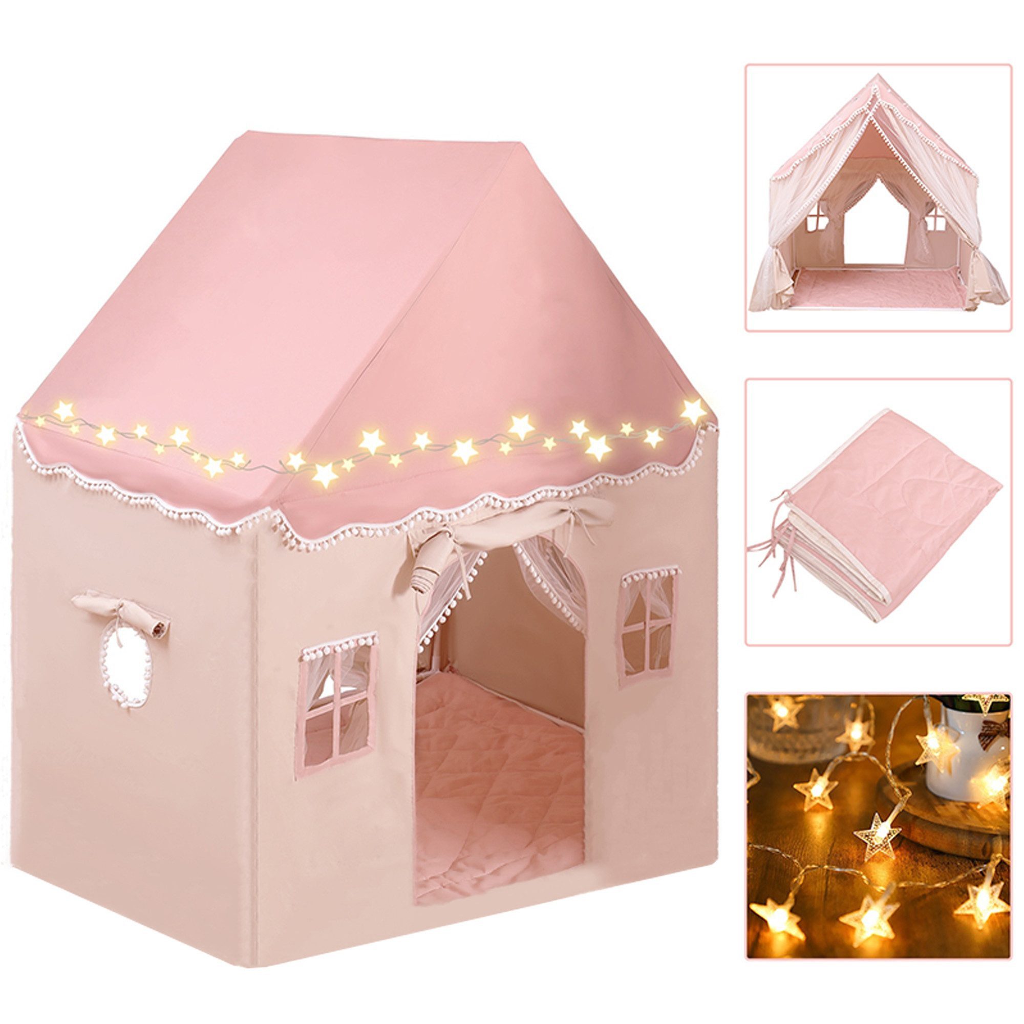 SEHAUSEU Spielzelt Kinderzelt Spielhaus mit Bodenmatte und Lichterkette rosa