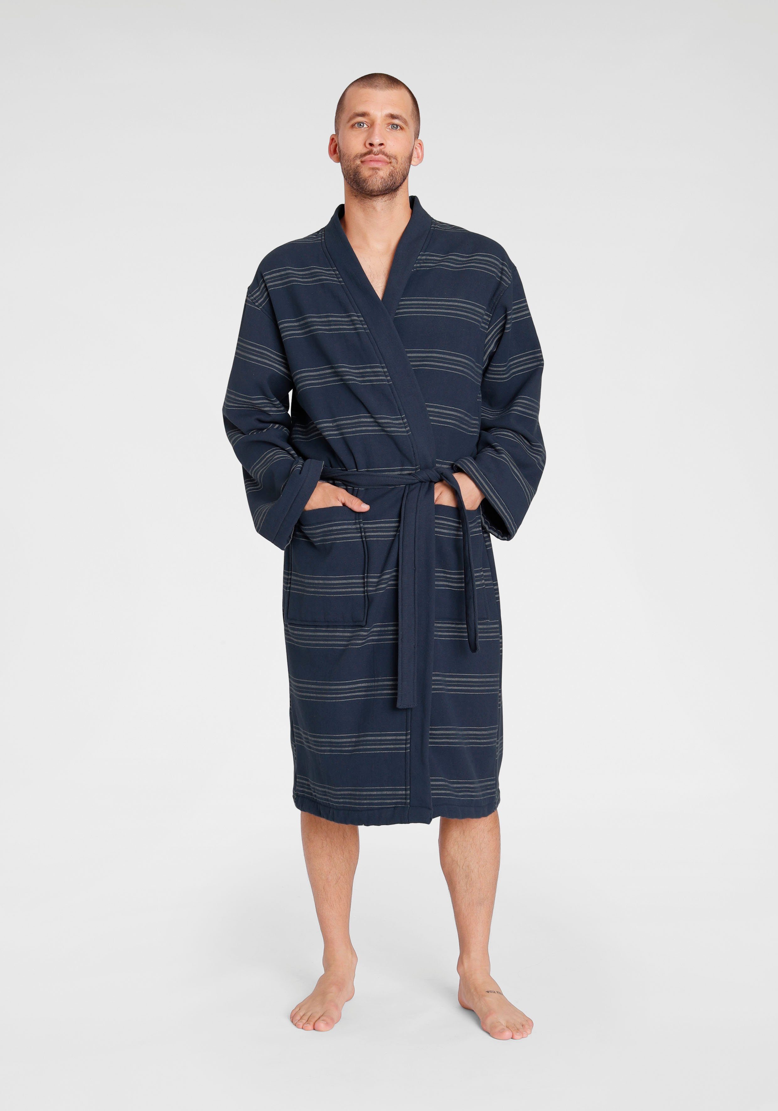 TOM TAILOR HOME Unisex-Bademantel Wellness Kimono, Langform, Webfrottier, Stehkragen, Gürtel, für Damen & Herren, im Kimono-Style, gestreift navy